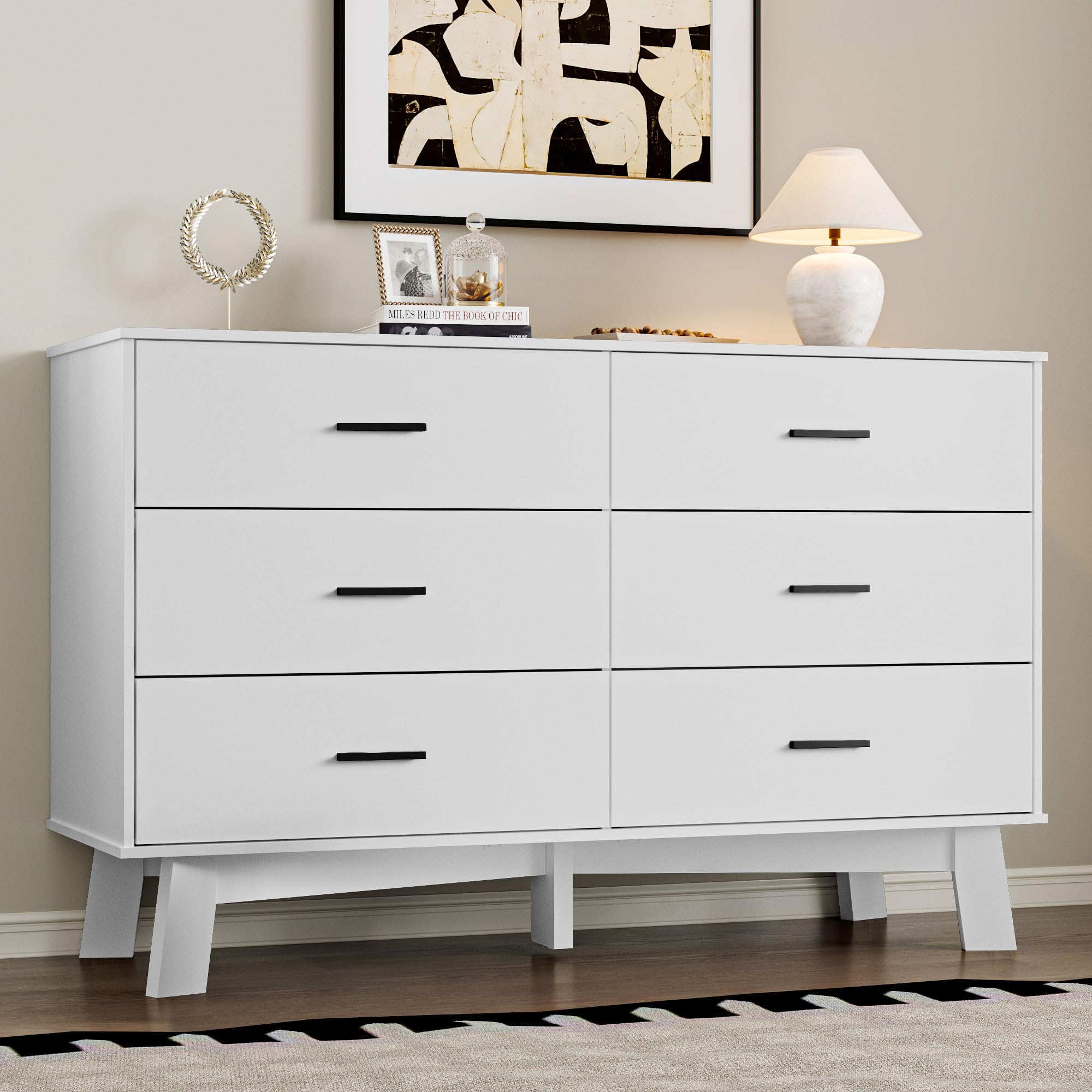 BORNOON Dresser for Bedroom with 6-Drawer, 47.2" Modern Chest of Drawers with Metal Handles, X-Shape Base & Adjustable Center Leg, Anti-Tip Closet