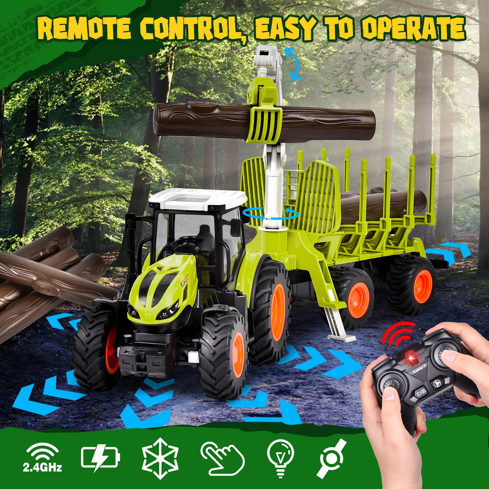 Aragallant RC Trattore Telecomandato per Bambini, Set di Trattore Radiocomandato - con Rimorchio Giocattolo, 2.4Ghz Telecomandato, Pinza e 3 Legname, Giocattoli per Bambini di 3, 4, 5, 6, 7 Anni