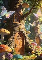 Vista 13 de Paisaje de fantasía con piedras, lámparas, flores, árboles, luna y mariposas, bandera de jardín de 12 x 18 pulgadas, pequeña vertical de doble cara