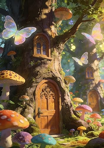 Miniatura 13 de Paisaje de fantasía con piedras, lámparas, flores, árboles, luna y mariposas, bandera de jardín de 12 x 18 pulgadas, pequeña vertical de doble cara