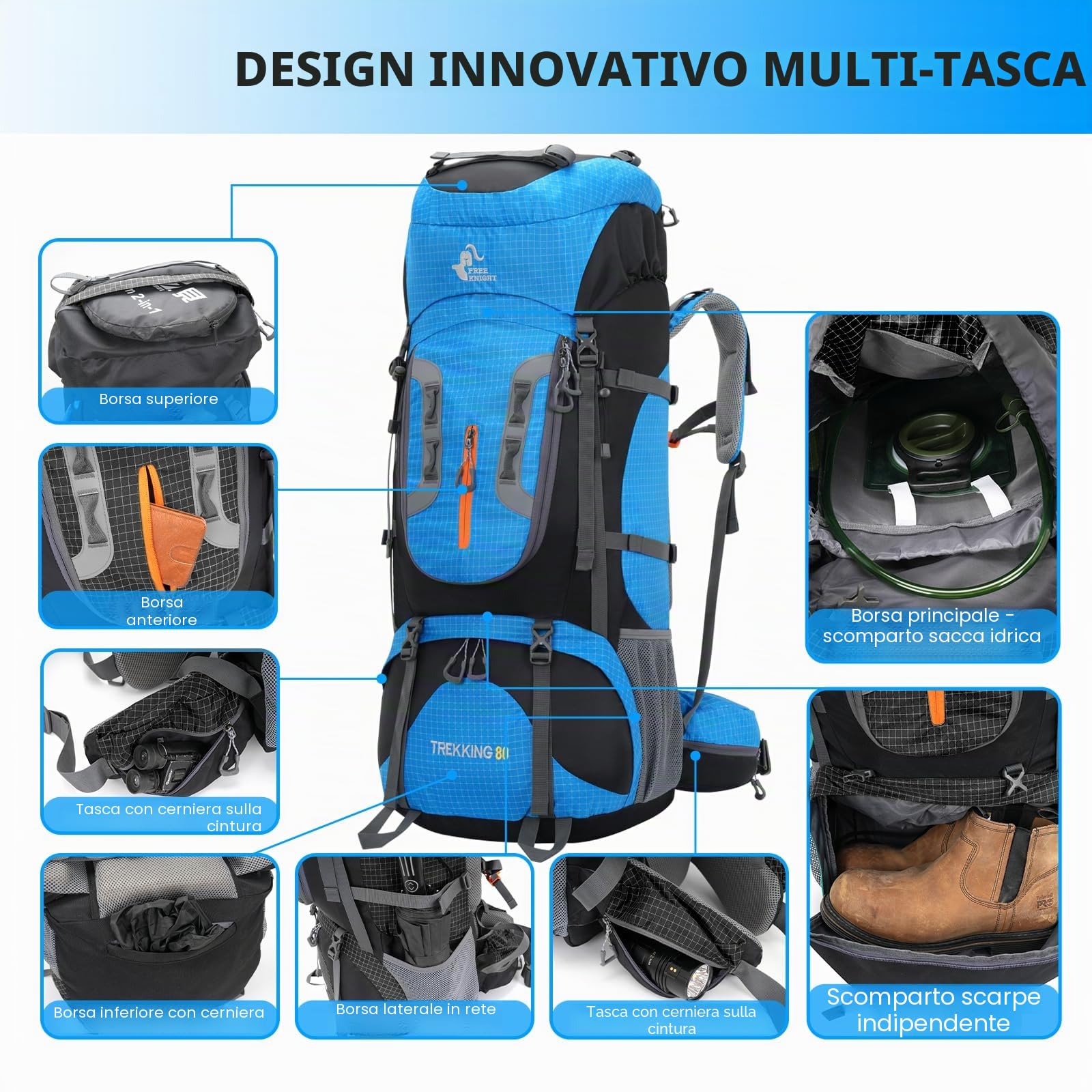 Bseash Zaino da campeggio impermeabile da 80 litri con copertura antipioggia, zaino leggero da viaggio per sport all'aria aperta per arrampicata
