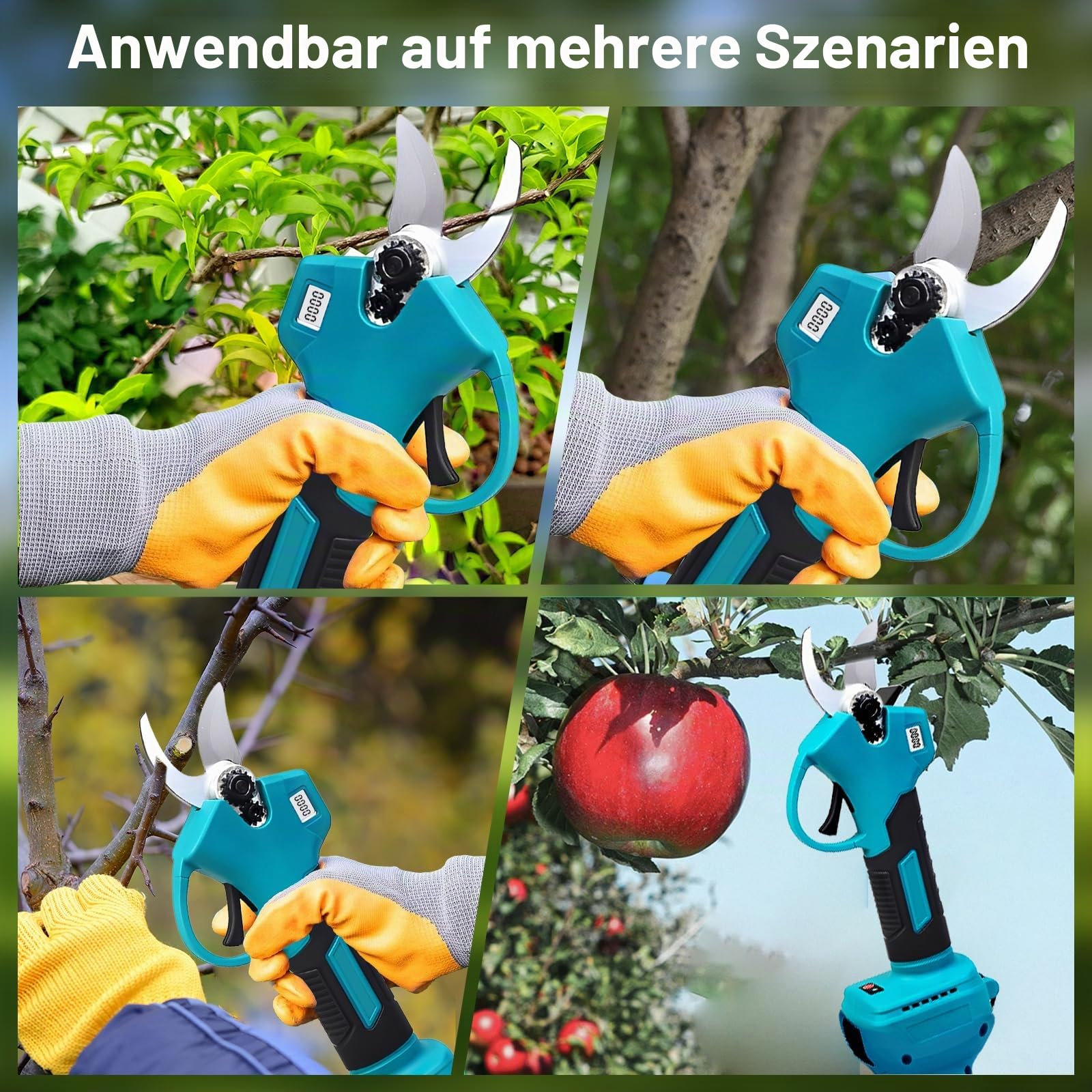 Akku Teleskop Astschere Profi Set 180° schwenkbarer Schneidkopf | 2X 2000mAh Li-Ion Akku inkl. Schultergurt, Handschuhe, Schutzbrille Zubehör für Obstbaum und Gartenbau