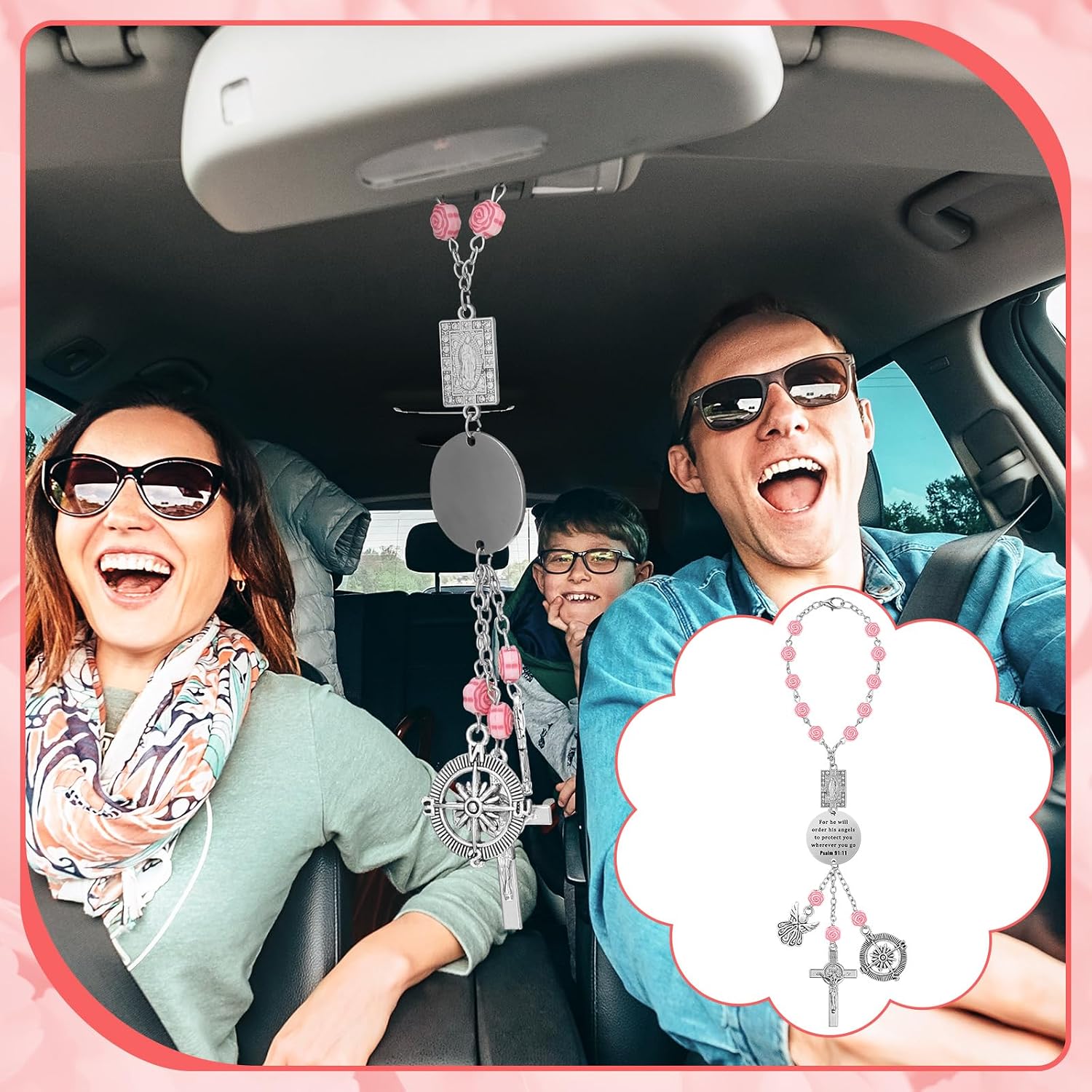 Quelay Car Rosary for Rearview Mirror Cross Car Charm Rosary for Mirror Hanging Psalm 91: 11 Bible Verse Charm Bracelets Religious Gifts New Driver Guardian Angel Gift for Women