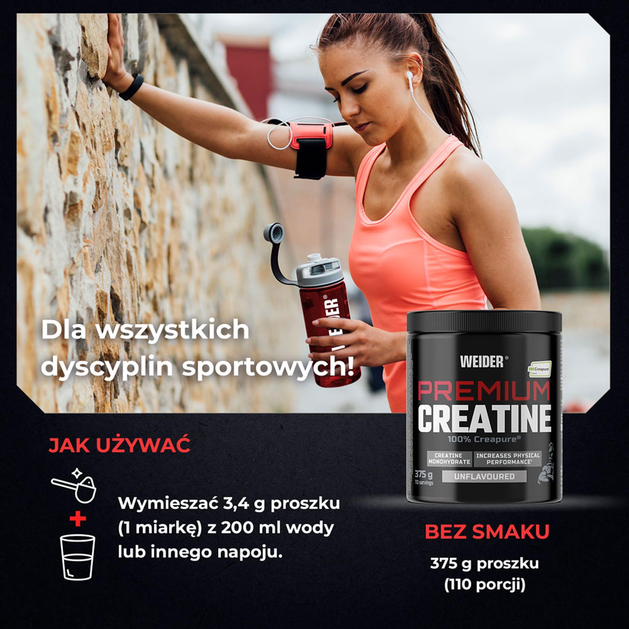 Kreatyna Weider Premium Creatine 375 g, 100% Monohydrat Kreatyny Creapure, Bez Cukru, Wegańska, Wspiera Wydolność Fizyczną, Smak Neutralny