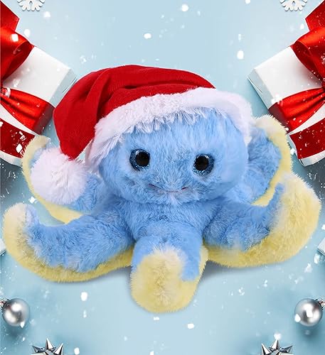 Miniatura 5 de DolliBu Peluche de pulpo azul de Papá Noel, peluche súper suave con sombrero rojo de Papá Noel, bonito regalo de vida oceánica, perfecto con la
