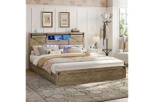 Hasuit Farmhouse Bed Frame Cali King Size with Integrated LED Lights and Charging Station