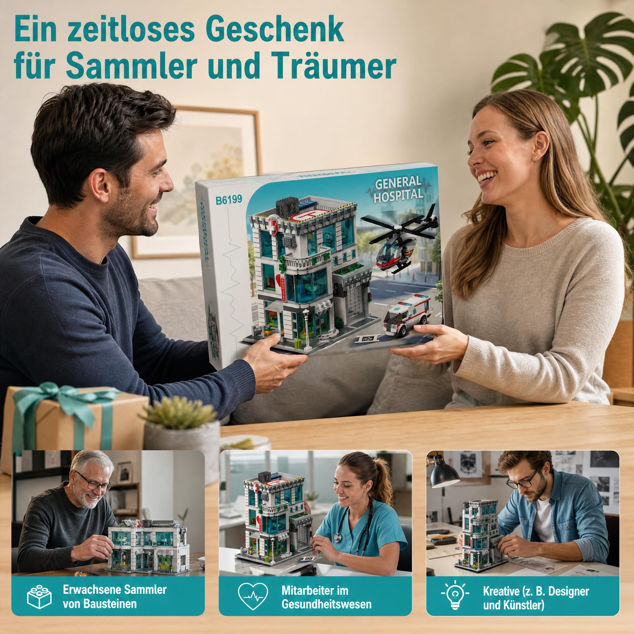 Klemmbausteine Krankenhaus mit Helicopter & Krankenwagen - 4953 Teile Hospital City Haus Architecture, Stadt Gebäude Modular Buildings Set für Erwachsene - Sammlerstück Geschenk