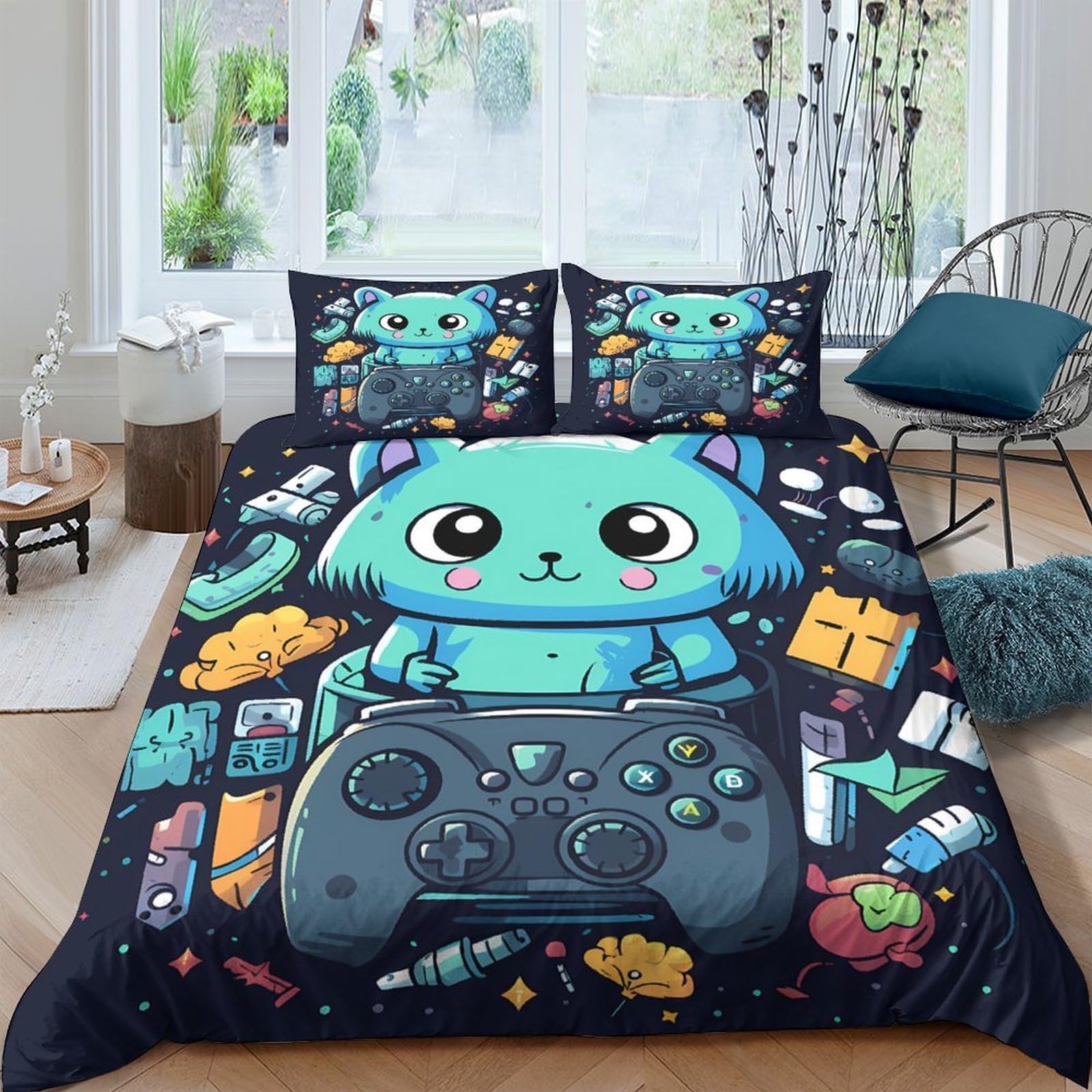 Ctjqhvkz Style-1 3D Printed Cartoon Cat Fitted Sheet Microfiber Soft Breathable Game Controller Bed Cover For Bedroom Guestroom Mattress Protection Single（135X200cm）