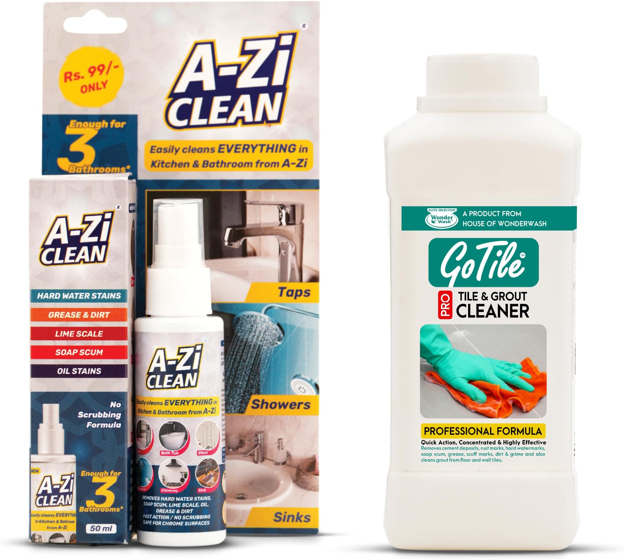 Bathroom Deep Cleaning Combo | A-Zi Clean 50ml & GoTile Pro 500ml | A-Zi Cleans Taps, Bathtubs, Sinks & Shower | Gotile Removes Hard Water Stains, Limescale, Cement, Grease & Grime | Restores Shine
