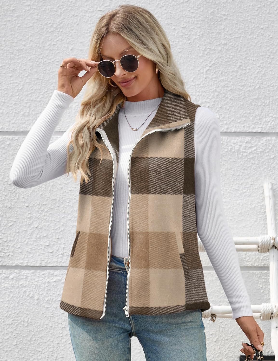 Rapbin Women's Plaid Outerwear Vests Tops Zip Up Collared Sleeveless Jacket with Pockects - Image 4