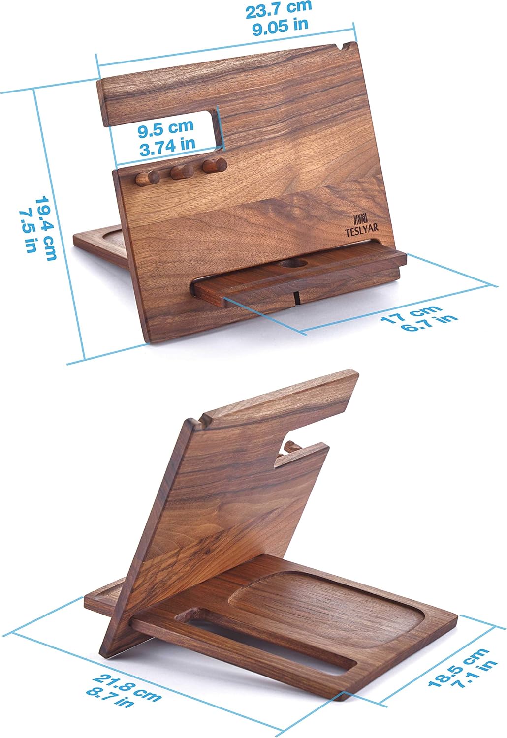 Black Friday - 60% OFF TESLYAR Natural Walnut Wood Phone Docking Station Hooks Key Holder Wallet Stand Watch Organizer Men Husband Anniversary Birthday Nightstand Purse Father Graduation Male Idea Gadgets Solid