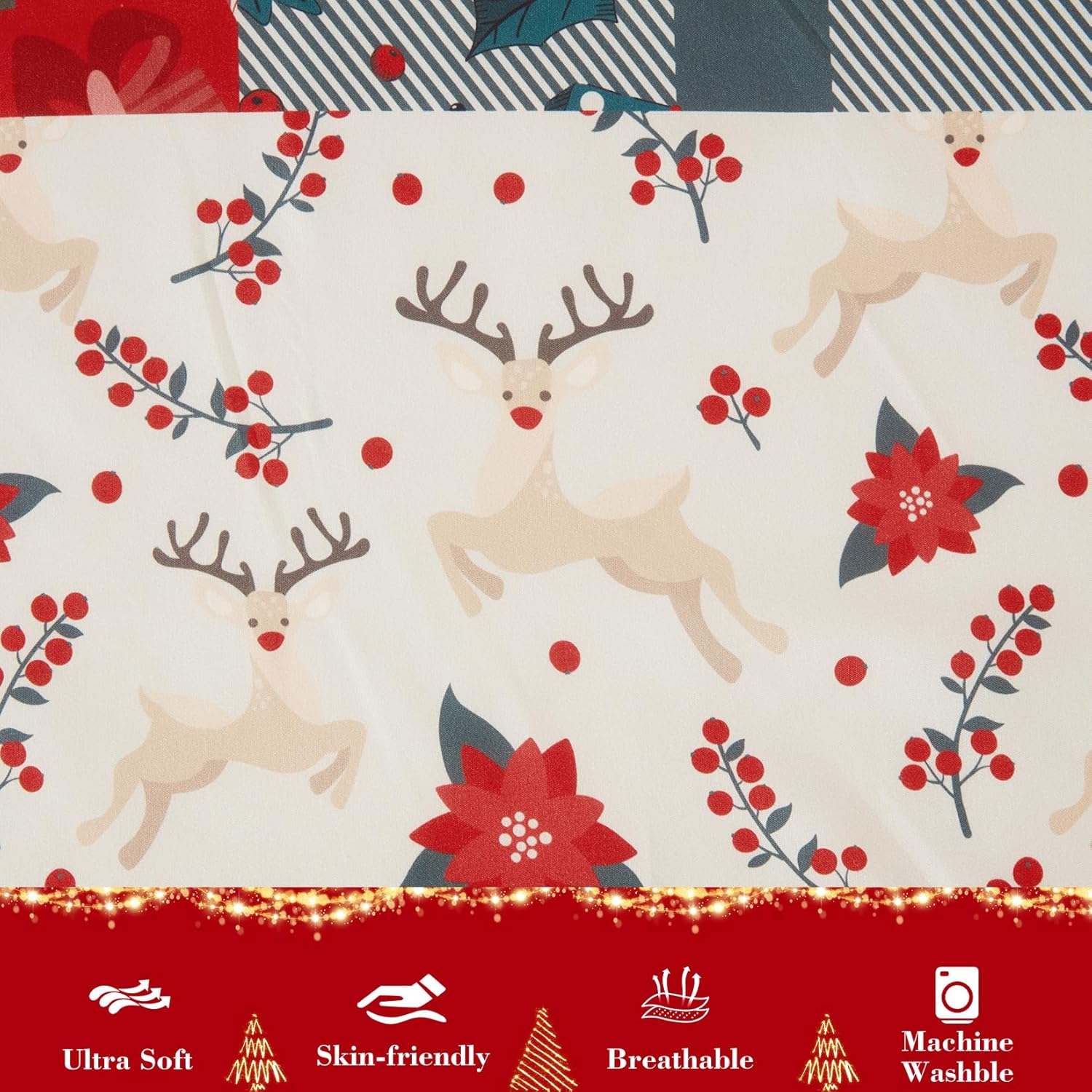 CAROMIO Christmas Duvet Cover King, Reversible Printed Comforter Cover Set Christmas Holiday Decorative Bedding, Soft Microfiber Red Duvet + 2 Pillow Shams (‌Holiday Patchwork‌, King) - Image 7