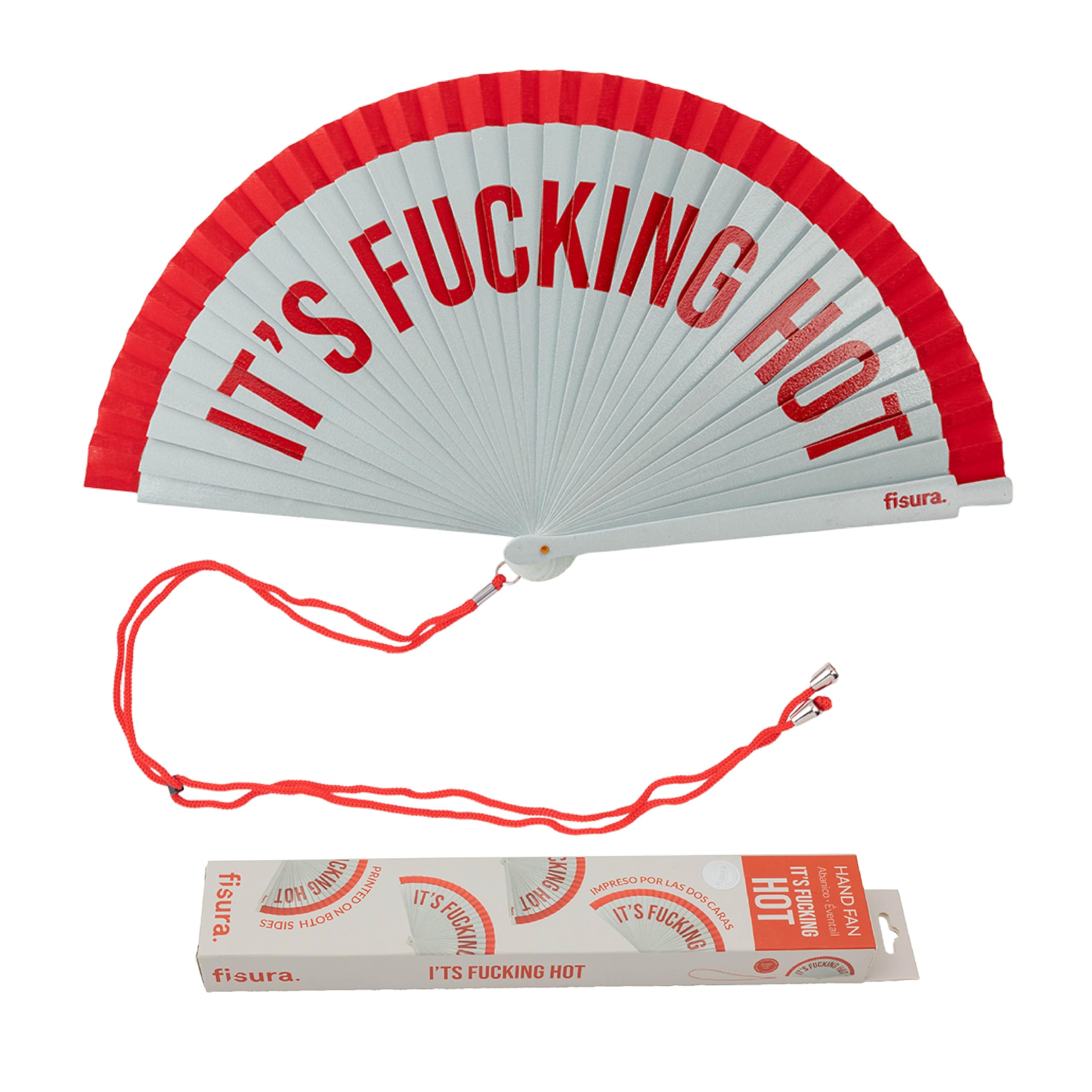Fisura – Original Folding Handheld Fan with the Message “It’s f*cking hot”. Reversible Wooden Folding Fan, Modern and Colourful. Red Design, Hanger Included. Dimensions: 42.5 x 23 cm