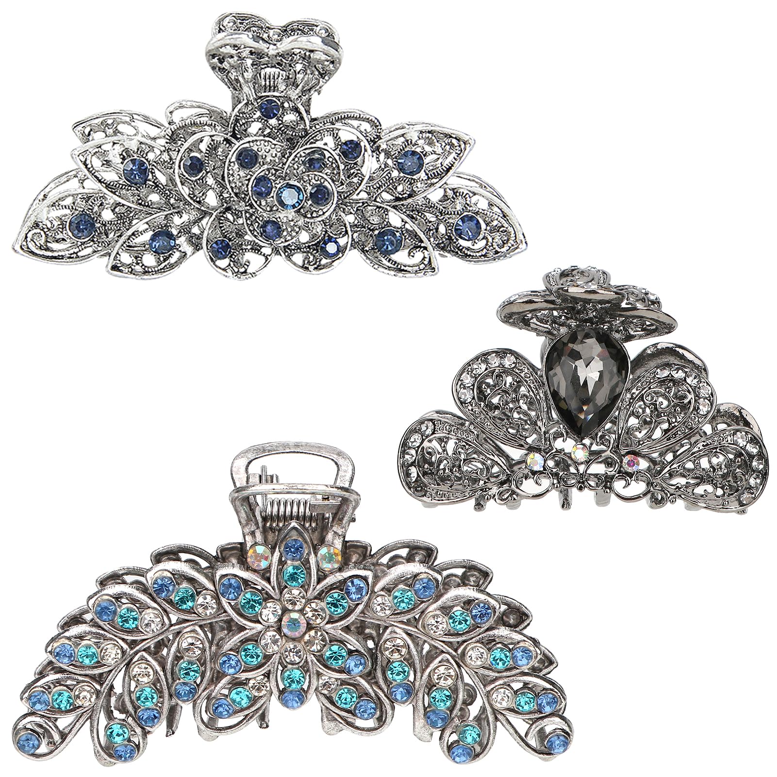 kilofly 3pc Vintage Crystal Hair Claw Clips Long Thick Hair Metal Clamps