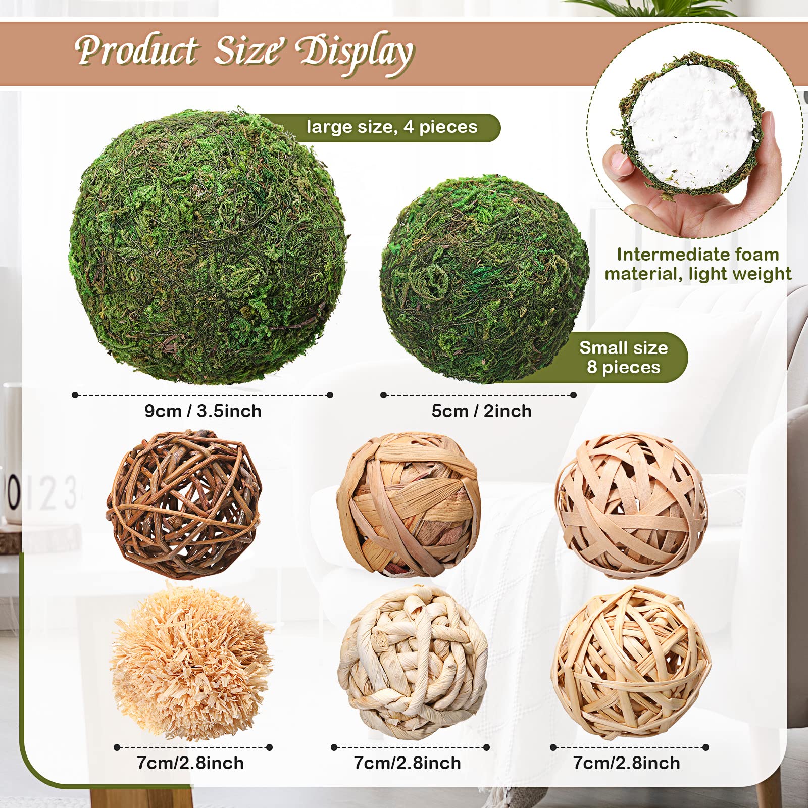 Jetec 18 Pcs Decorative Balls for Centerpiece Bowls 12 Green Moss Balls + 6 Wicker Rattan Cord Decorative Bowl Vase Fillers for Garden Vase Bowl Home Party Table Farmhouse Rustic Wedding Decor