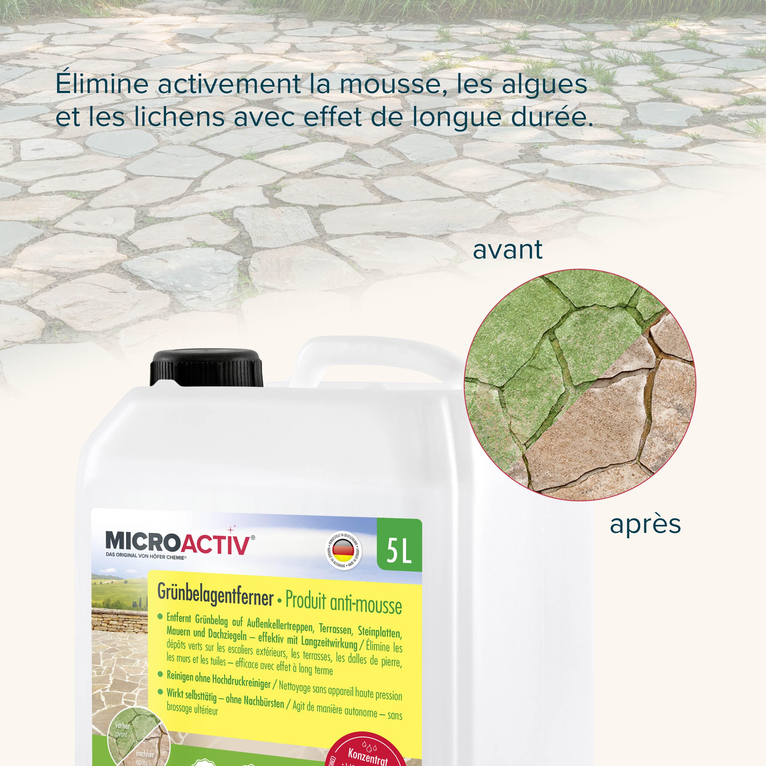 MICROACTIV® Nettoyant Pierre et Anti-Mousse Concentré 1 x 5L - Destructeur de Dépôts Verts, Algues et Lichens pour Terrasse, Mur, Toiture - Formule Autonettoyante Professionnelle