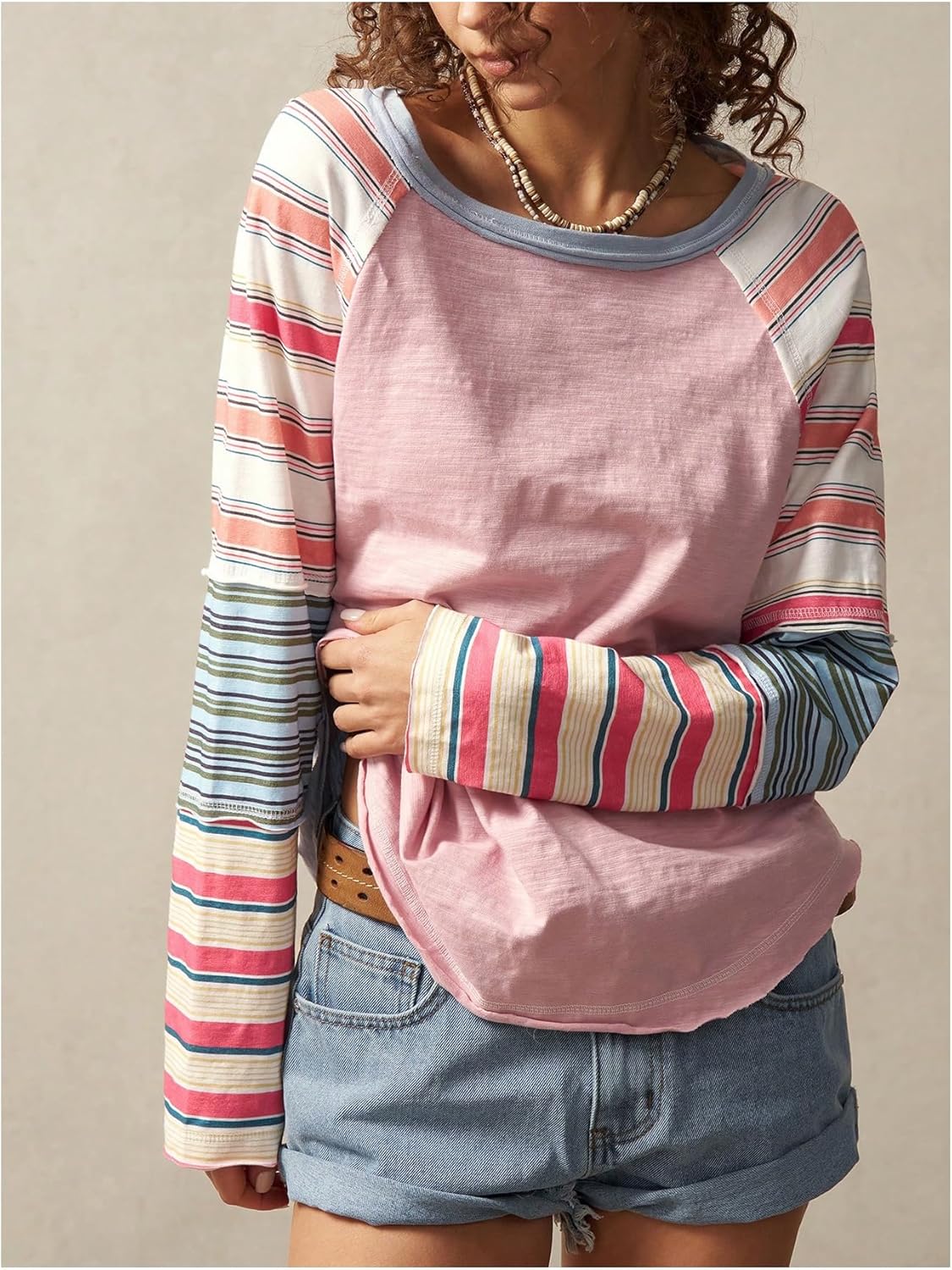 WDIRARA Women's Color Block Striped Long Sleeve T Shirts Crew Neck Tee Loose Patchwork Tops - Image 4