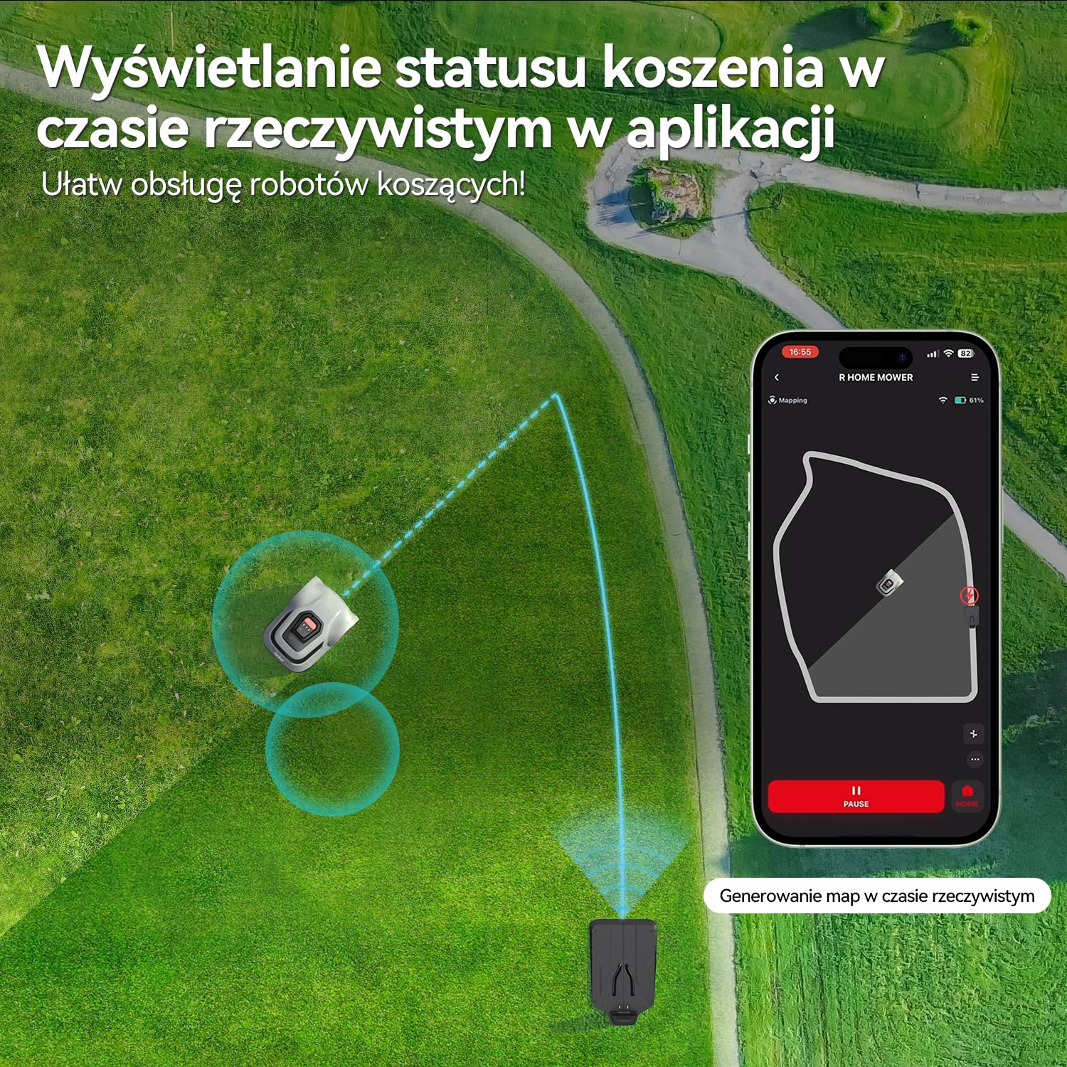 Redkey MGC500 robot kosiarka samochodowa, wykrywanie pęknięć kabla, maksymalny kąt wznoszenia 24°, automatyczna taca z ostrzami podnoszącymi, sterowanie za pomocą aplikacji, do przestrzeni podwórka do