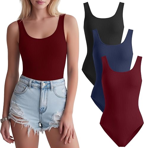 JoyMotion 3 Pack Women Ribbed Scoop Neck Bodysuits, 3-Color,