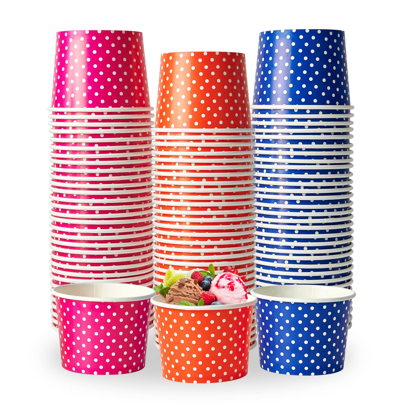 LITOPAK12 oz 120 Packs Ice Cream Cups, Disposable Dessert Cups, Ice Cream Bowls for Cold or Hot Food, Paper Dessert Cups, and Coloured Paper Cups for Soups，Sundaes, and Ice Cream. (Pink Orange Blue)