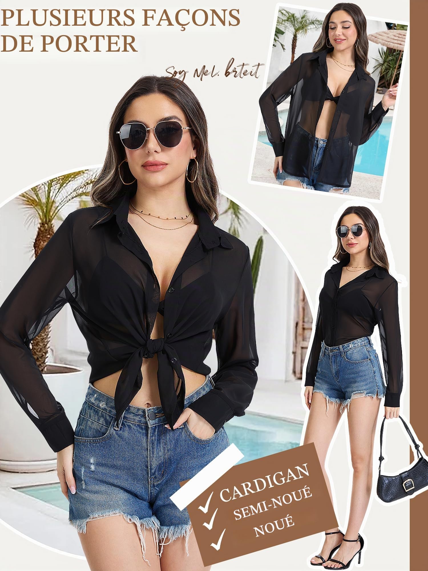 Chemises en Mousseline Transparente pour Femmes Noires et Roses Style Classique boutonnées Manches Longues