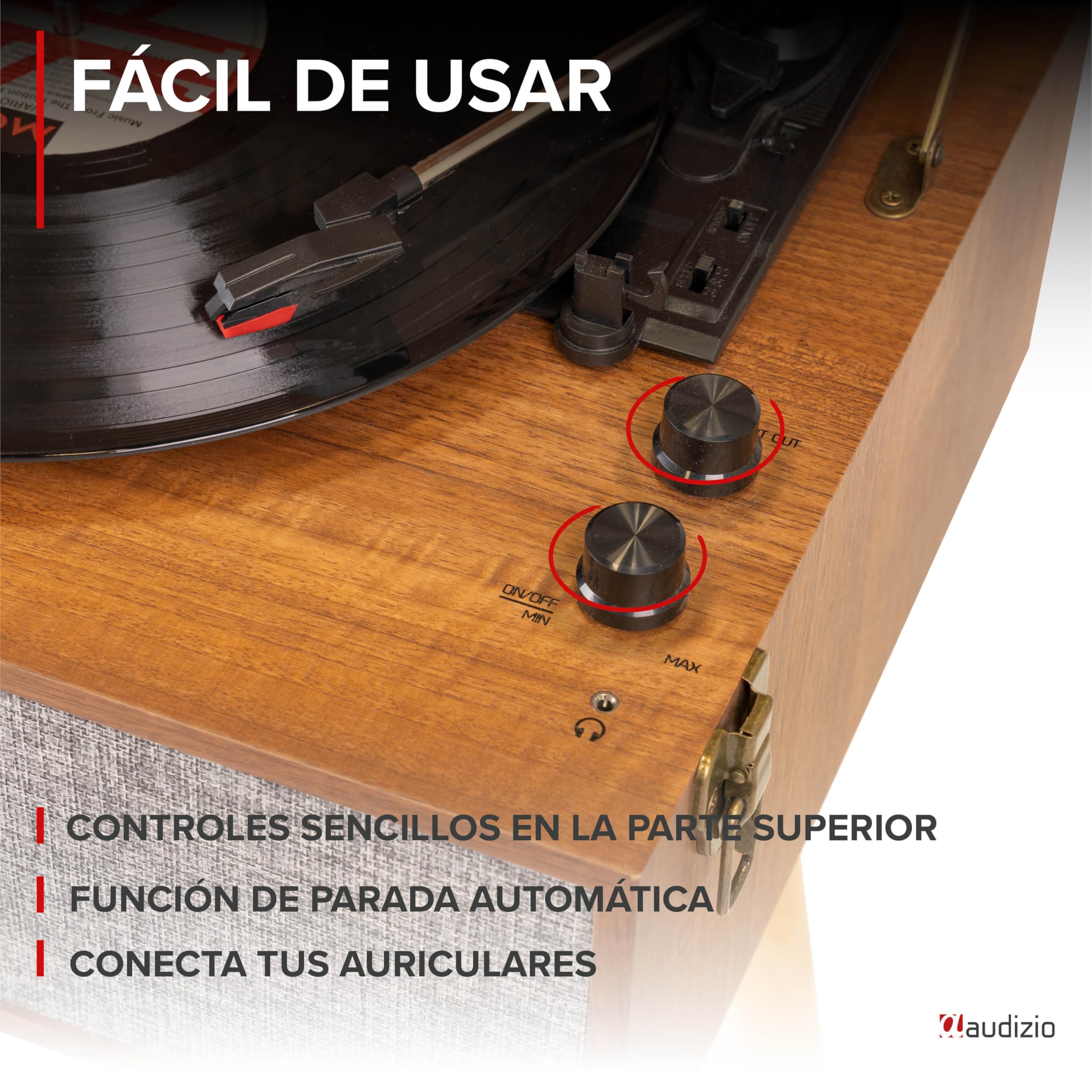 Audizio Fremont - Tocadiscos Retro con Patas de Madera, Bluetooth bidireccional, USB para digitalizar vinilos, Altavoces estéreo, RCA, 3 velocidades, Entrada AUX y Salida de Auriculares Color Madera
