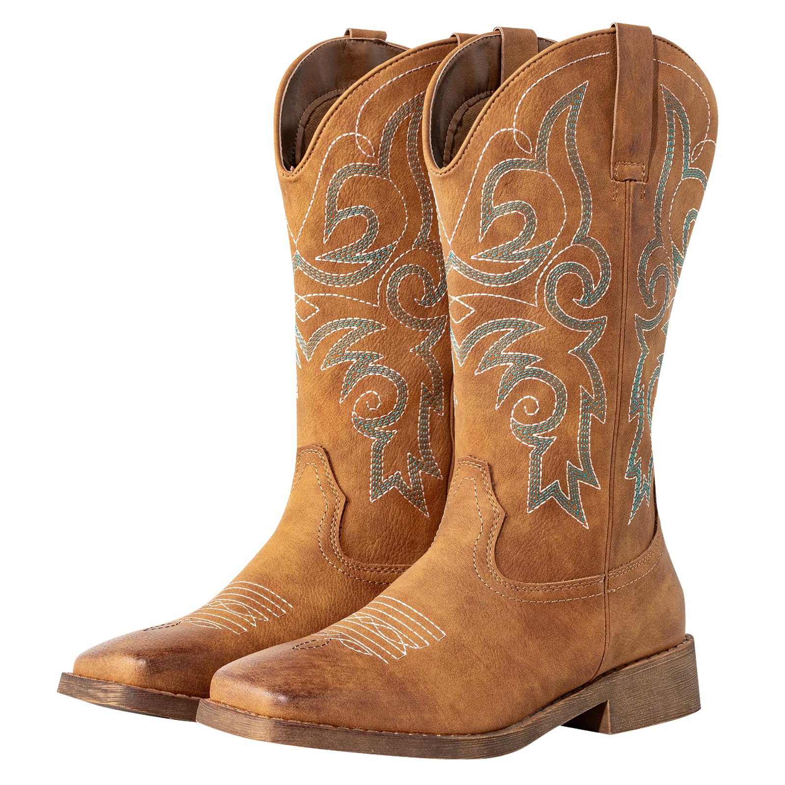 Fashion Cowboy Boots for Women Wide Square Toe Mid Calf Western Cowgirl Boots