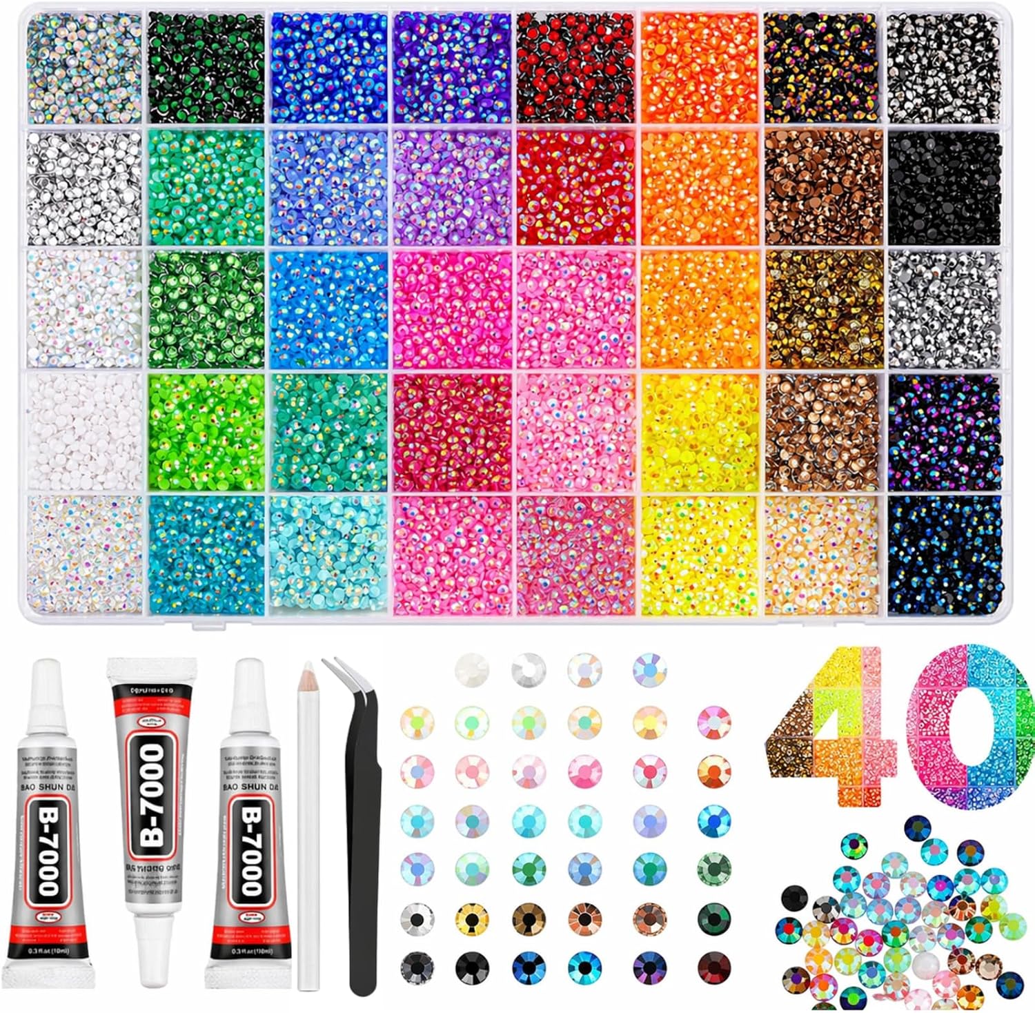 40 Colours Bedazzle Kit, 32000Pcs Rhinestone Kit, 3mm Resin Flatback Gems with Glue, Tweezers, Pickup Pen and Storage Box, Colourful Nail Gems for Crafts, Clothes and DIY