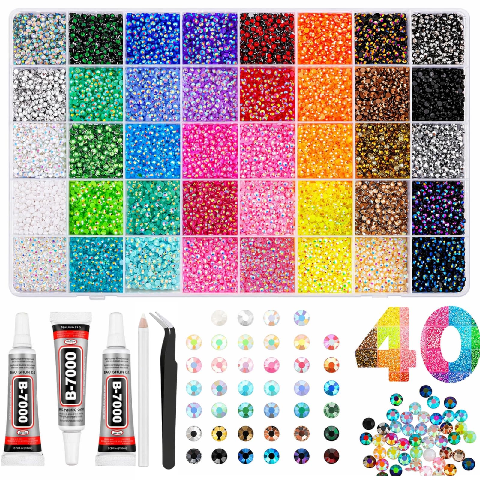 40 Colours Bedazzle Kit, 32000Pcs Rhinestone Kit, 3mm Resin Flatback Gems with Glue, Tweezers, Pickup Pen and Storage Box, Colourful Nail Gems for Crafts, Clothes and DIY