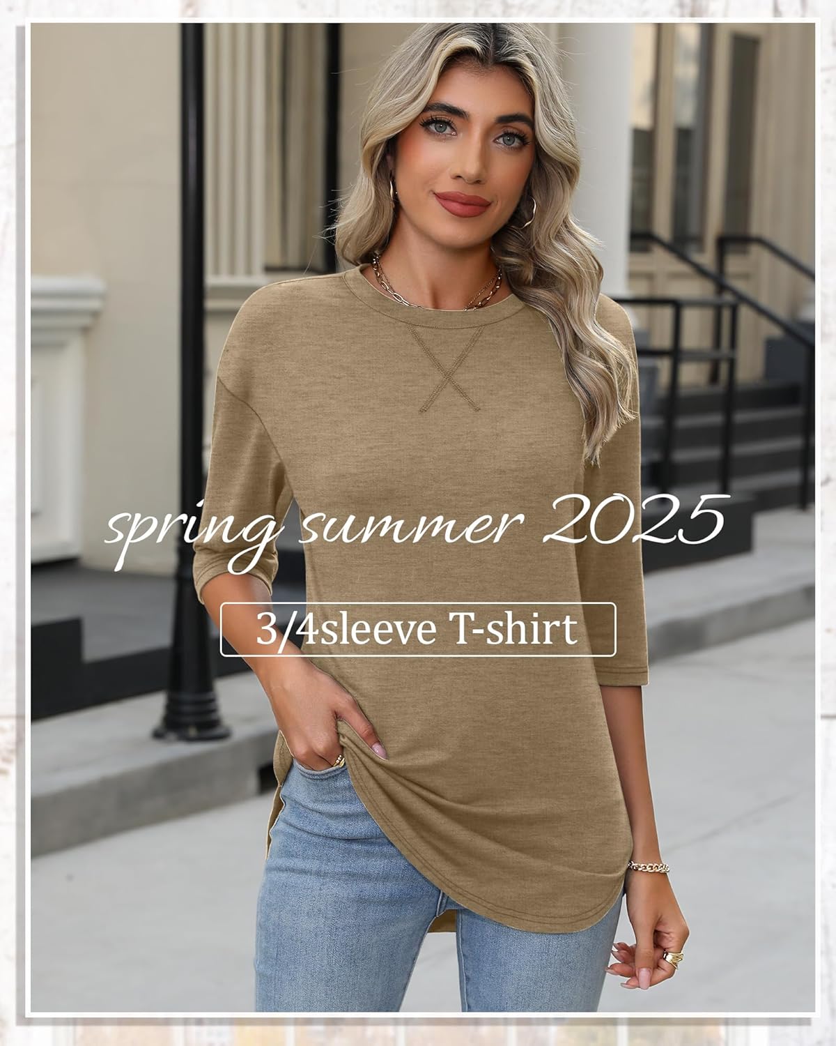 Riyiper 3 Pack Elbow Length Tee Shirts for Women 3/4 Sleeve Tunic Tops Round Neck Curved Hem Leggings Blouse - Image 3