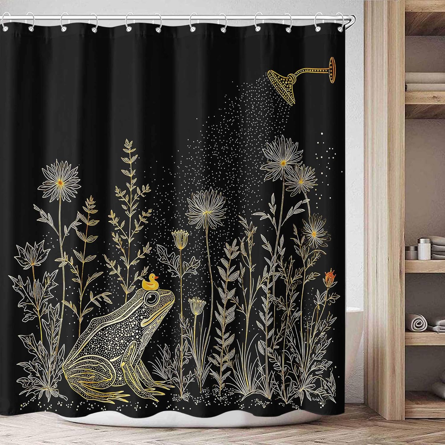 Frog with Duck Shower Curtain Set, Water-Repellent Bathroom Decor with Plastic Hooks, Whimsical Golden Tale Home Decor 72x72 Inch.
