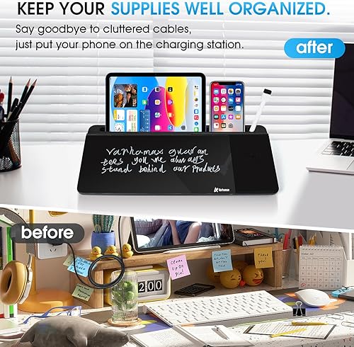 Miniatura 4 de Varhomax Pizarra blanca de cristal negra con cargador inalámbrico, pizarra blanca de borrado en seco con almacenamiento, bloc de notas de lista de