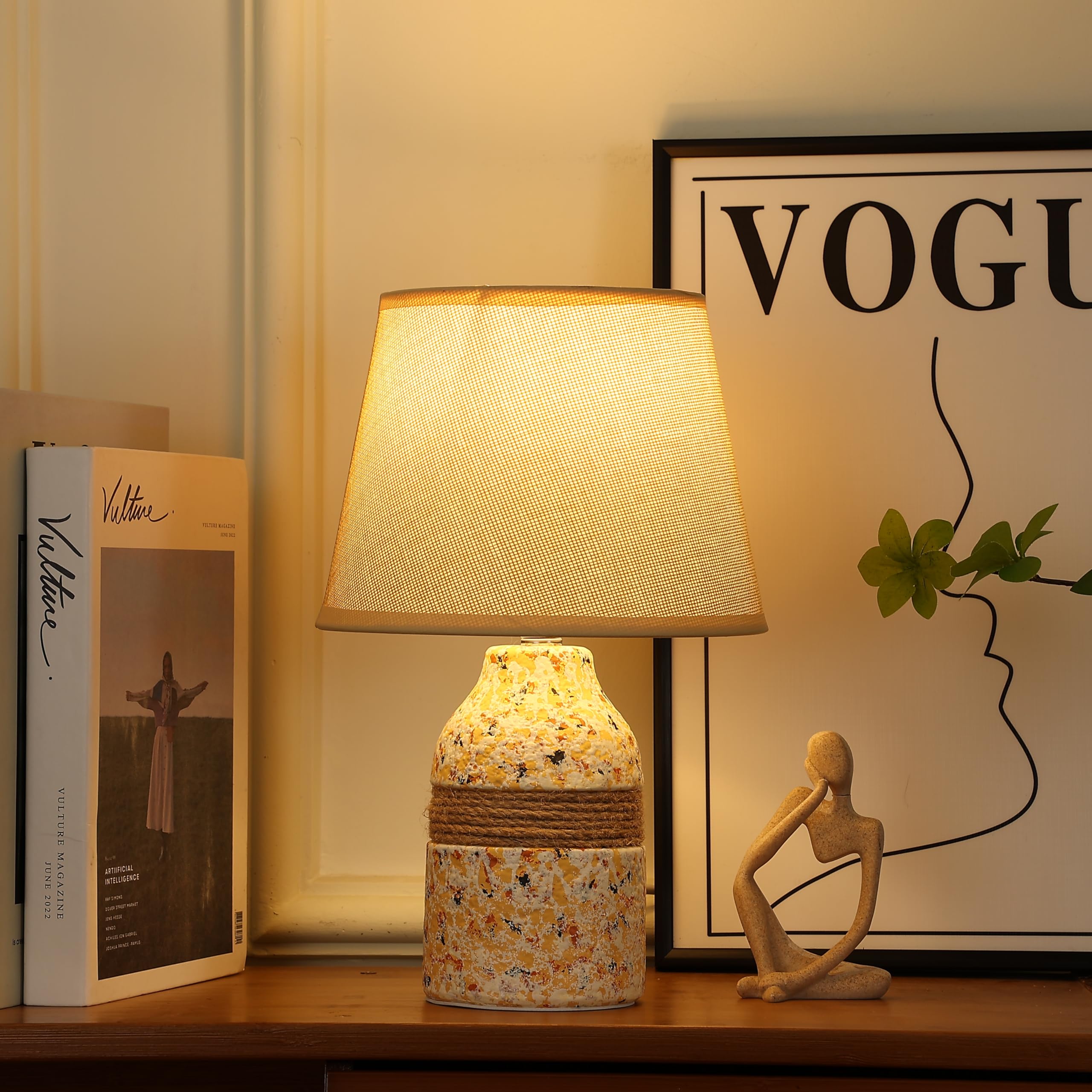 HOME ELEMENTS Floral Ceramic Table Lamp with Fabric Shade & Rope Detail Decorative Bedside Night Light for Bedroom Living Room Study Lamp Reading Desk lamp Nightstand Lamp 20x32cm-image-19