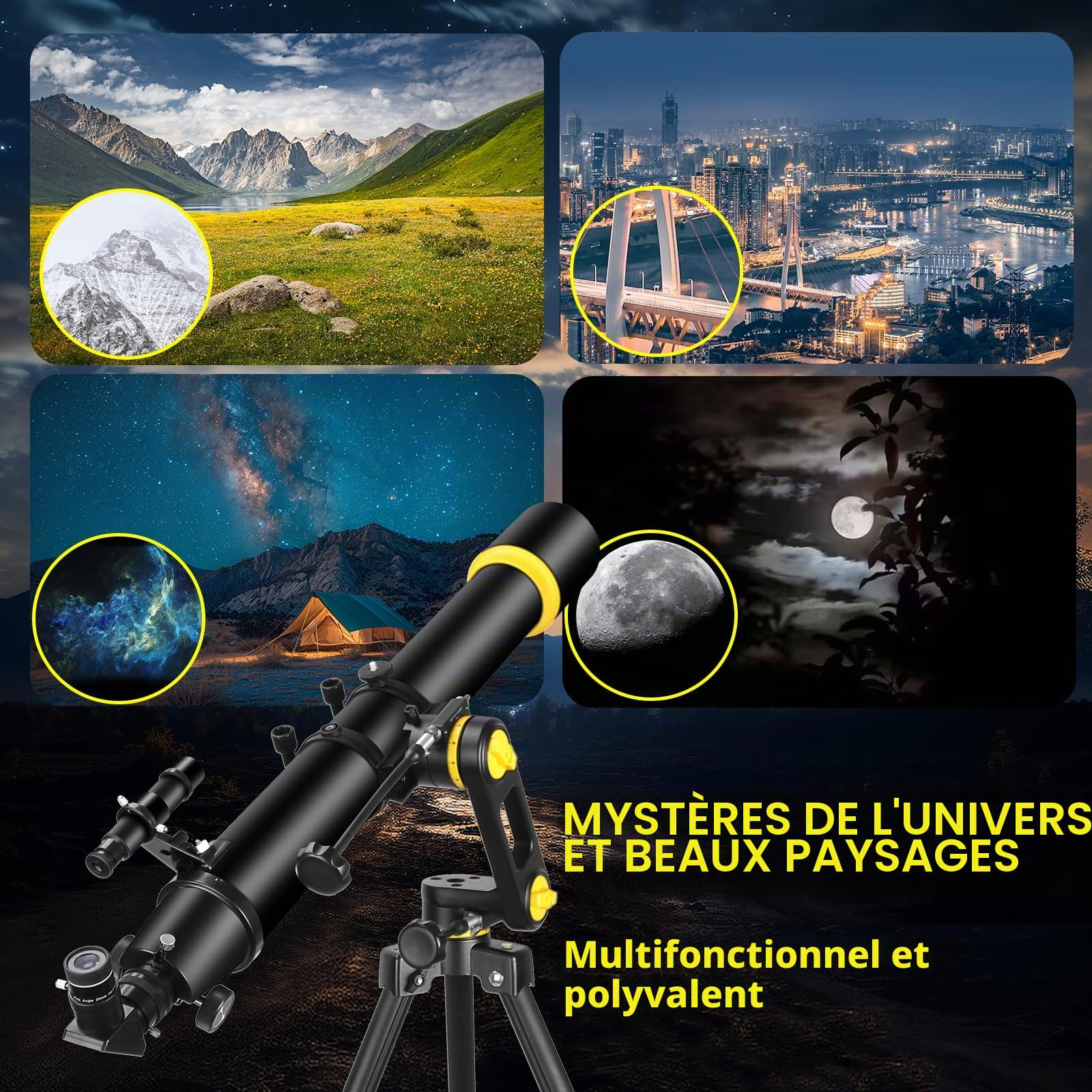 Télescope professionnel d'astronomie - Ouverture 90 mm - Haute puissance 1000 mm - Réglage précis - Adaptateur de téléphone
