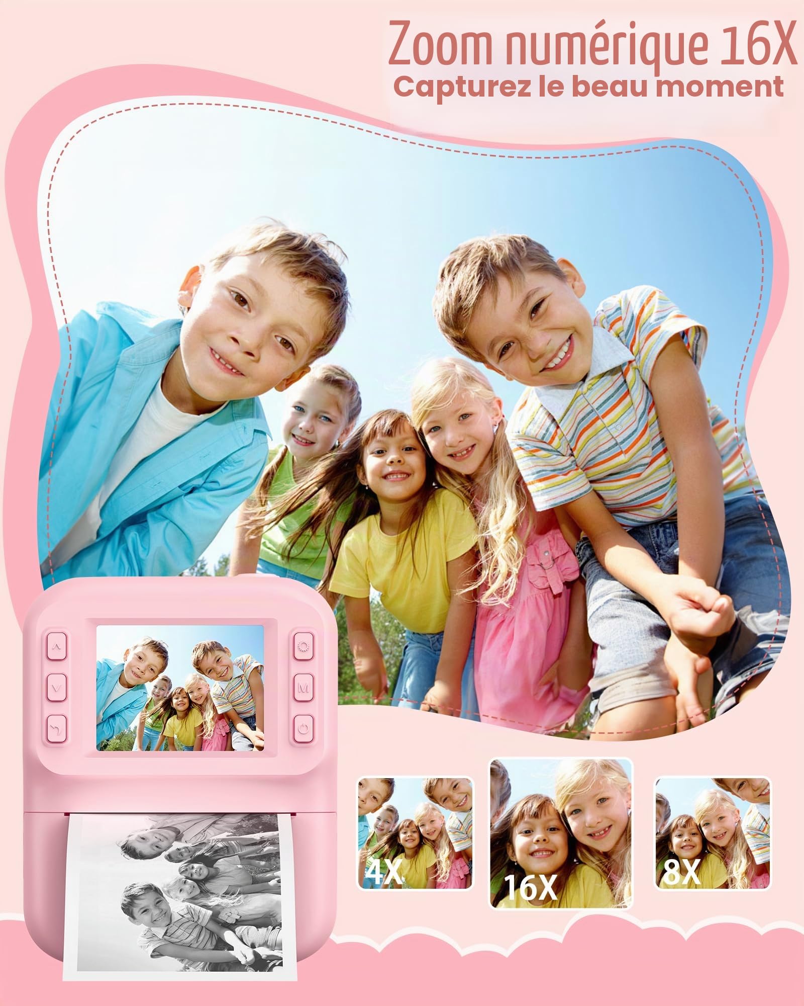 Appareil Photo Instantané Enfants, 48MP 1080P HD Appareil Photo Numérique Enfant avec Carte 32GB et 3 Rouleaux de Papier d'impression, Cadeau pour Enfants pour Filles, Garçons 10 Ans (Rose)