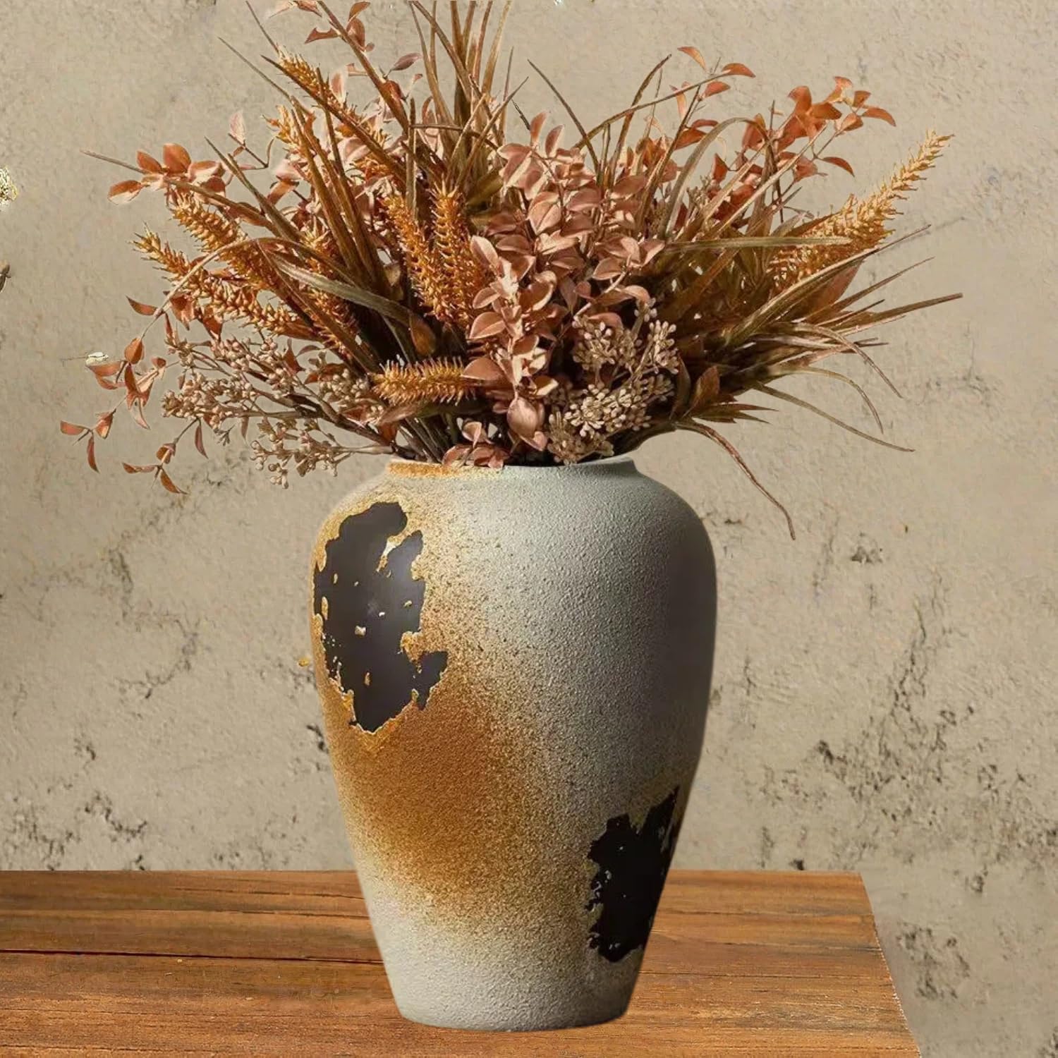 11" Large Handcrafted Ceramic Vase - Vintage Rustic Iron Glaze Pattern Farmhouse Flower Vase for Home Decor, Decorative Vase for Living Room Dining Table Fireplace Bookshelf Office