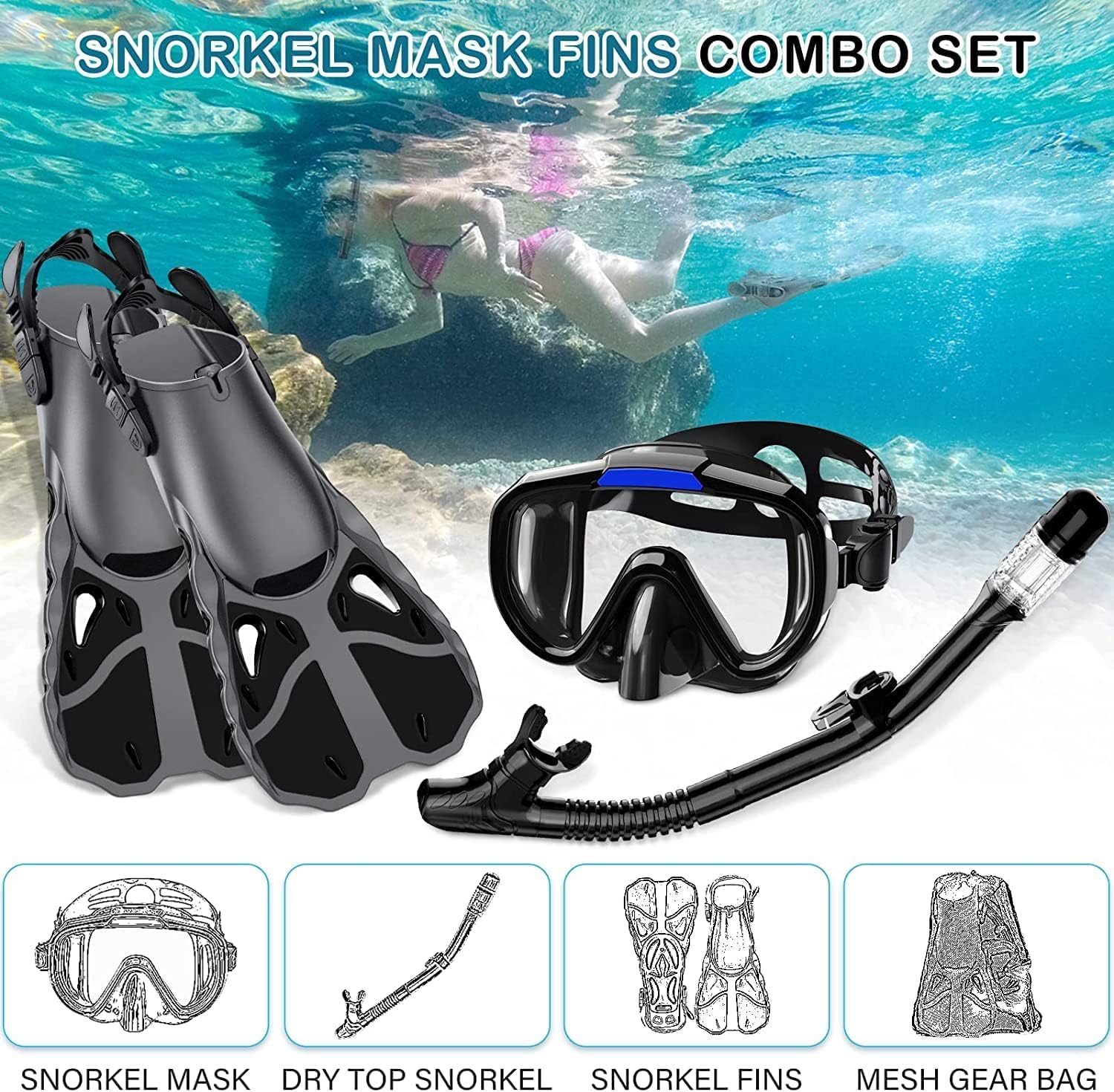 VBM Snorkle Mask Kit Diving Scuba Mask Snorkeling Gear Swim Fins Adjustable Open Heel Flippers 180 Panoramic View Anti-Fog Anti-Leak Dry Top for Adult, Men (Black) 2