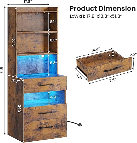Miniatura 2 de VIAGDO - Juego de 2 mesitas de noche altas con estación de carga y luces led, color marrón rústico, con estantería, led, modernas, con 3 cajones y