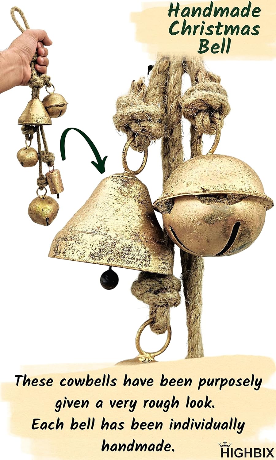 HIGHBIX Set of 5 Rustic Harmony Metal Jingle Bells Cluster Vintage Handmade Lucky Christmas Hanging Mix Décor Bells On Rope (Small) - Image 4