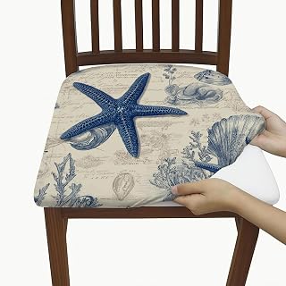 Nautical Starfish Chair Seat Covers, Stretch Washable Spandex Cushion Covers with Marine Life Print, Coastal Decorative Slipcovers for Beach House Dining 6PCS