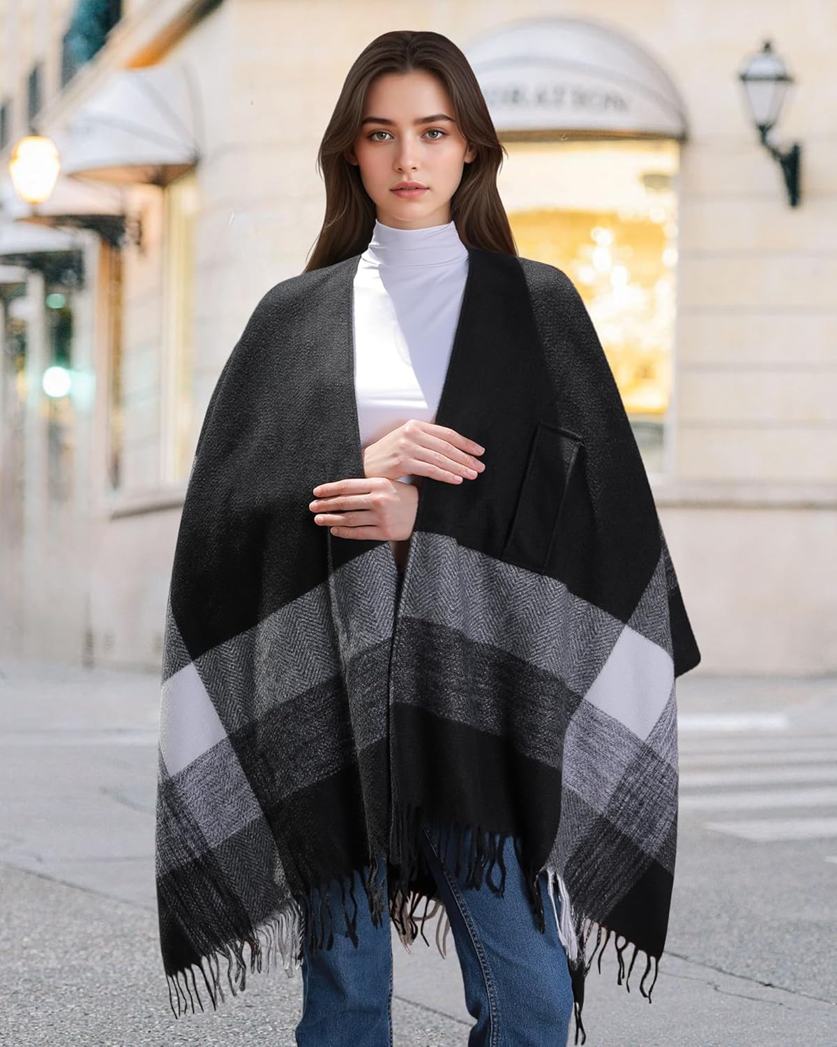 YnimioAOX Women's Poncho Shawl Wrap Soft Knit Cross Front Plaid Cape Cardigan with Tassels for Fall Winter - Image 4