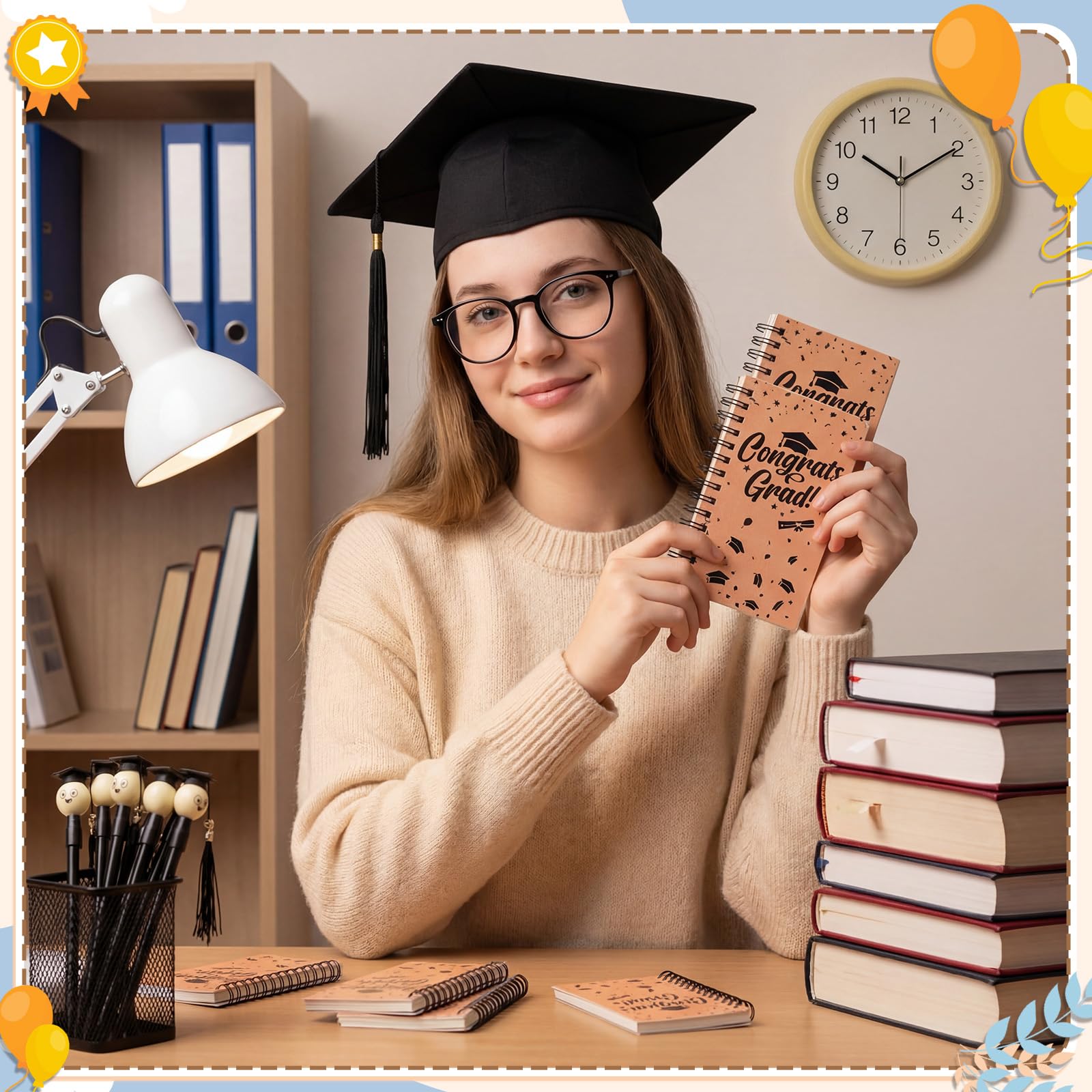 Resurhang 24 Stück 2026 Abschlussgeschenke, inspirierende Notizbücher zum Schulabschluss mit Abschlusskappe, Kugelschreiber, Spiral-Tagebuch, schwarze Gel-Tintenstifte, Klasse 2026, Geschenk für