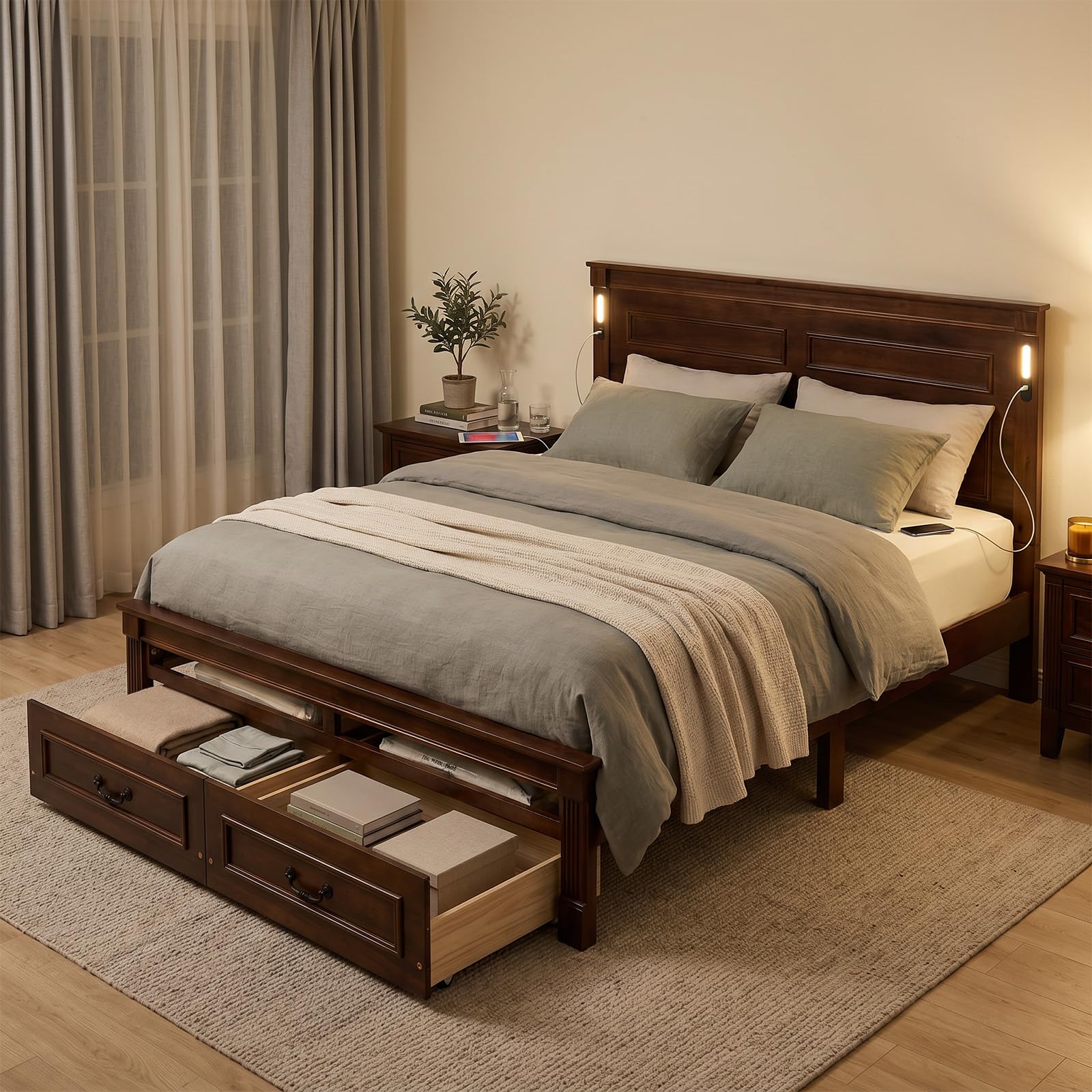 queen size platform bed frame with 2 storage drawers, heavy duty pinewood bedframes with tall-panel headboard & footboard, built-in led lights, usb charging station, no box spring needed, walnut