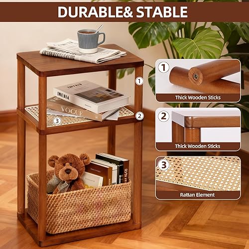 Miniatura 5 de GERYMU Mesa auxiliar de ratán, mesa auxiliar estrecha para sofá, mesita de noche alta para espacio pequeño, mesita de noche delgada con estorga,