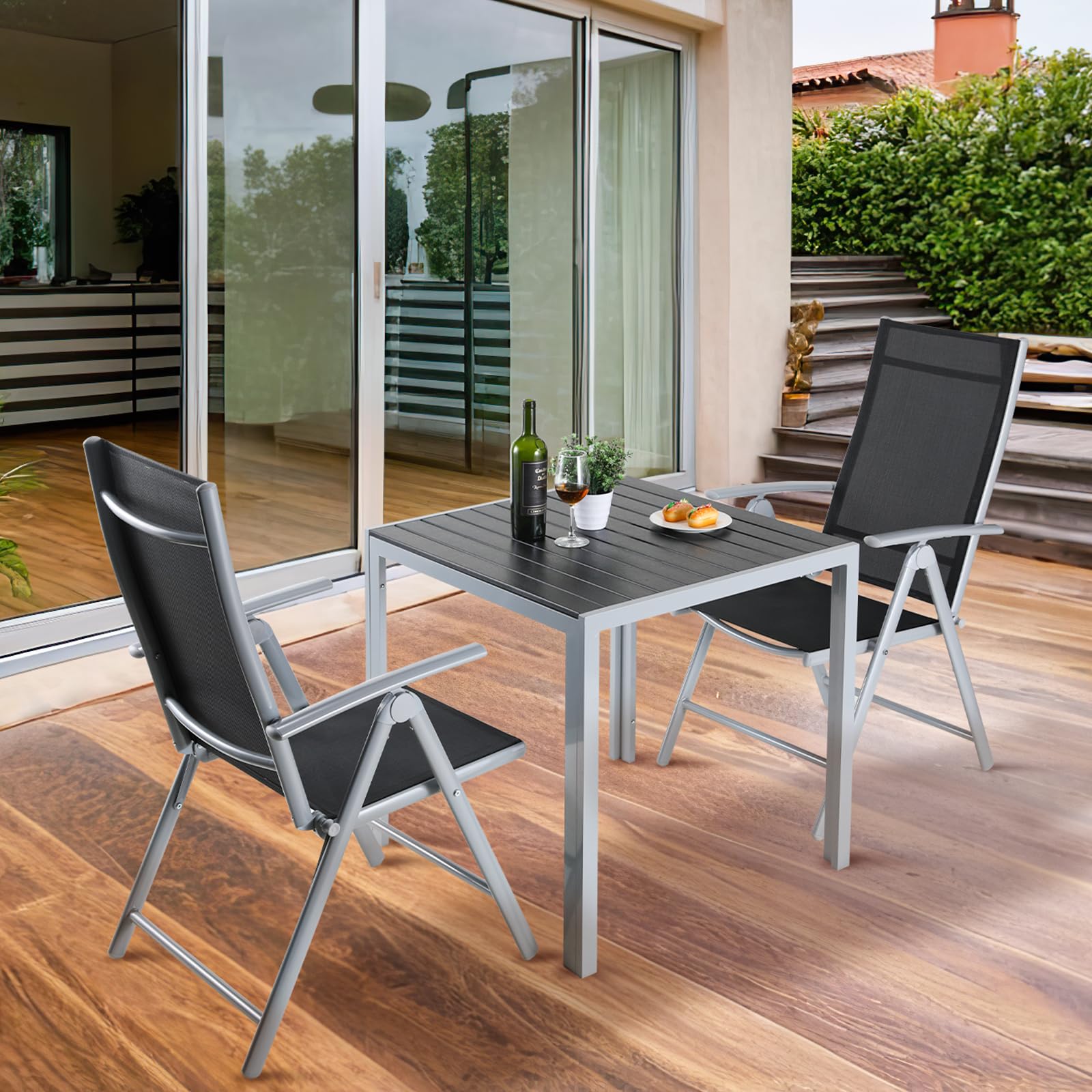 LIFERUN Set Giardino Esterno Alluminio 3 Pezzi, Tavolo da Giardino con Sedie, 1 Tavolo e 2 Sedie Pieghevole, Salotto Per Patio Giardino Balcone Veranda Esterno Piscina Terrazzo, Grigio argento