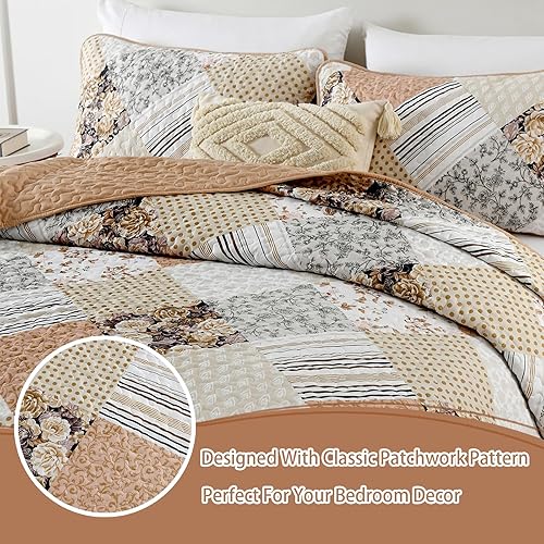 Miniatura 6 de Juego de edredón de 3 piezas, tamaño Queen, color rosa, floral, a cuadros, reversible, juego de ropa de cama de microfibra suave y ligera para todas