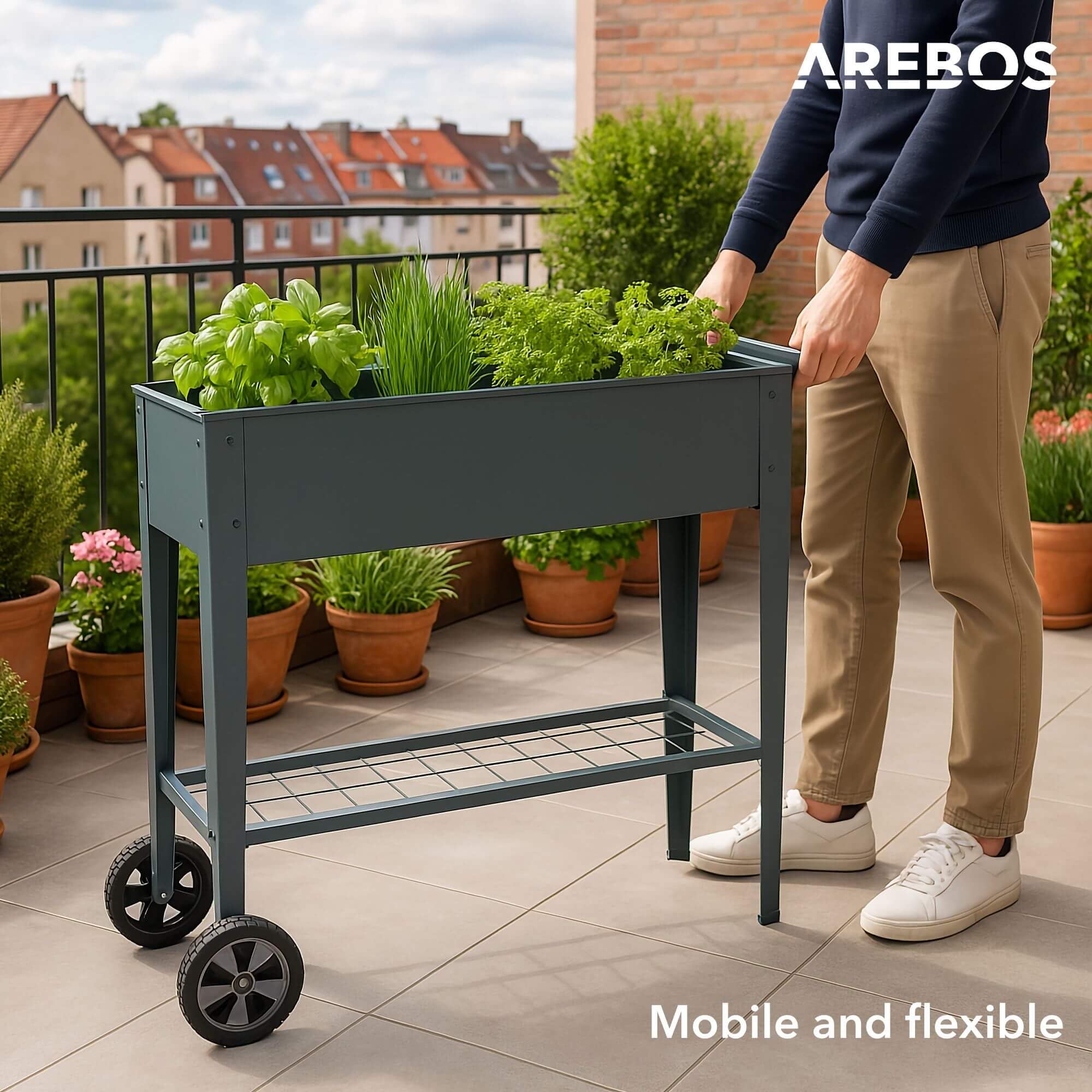 AREBOS Aiuola Rialzata con Ruote e Ripiano 108×51×80 cm | Fioriera da Giardino e Balcone | Orto Rialzato per Verdure e Erbe | Ideale per Terrazzo