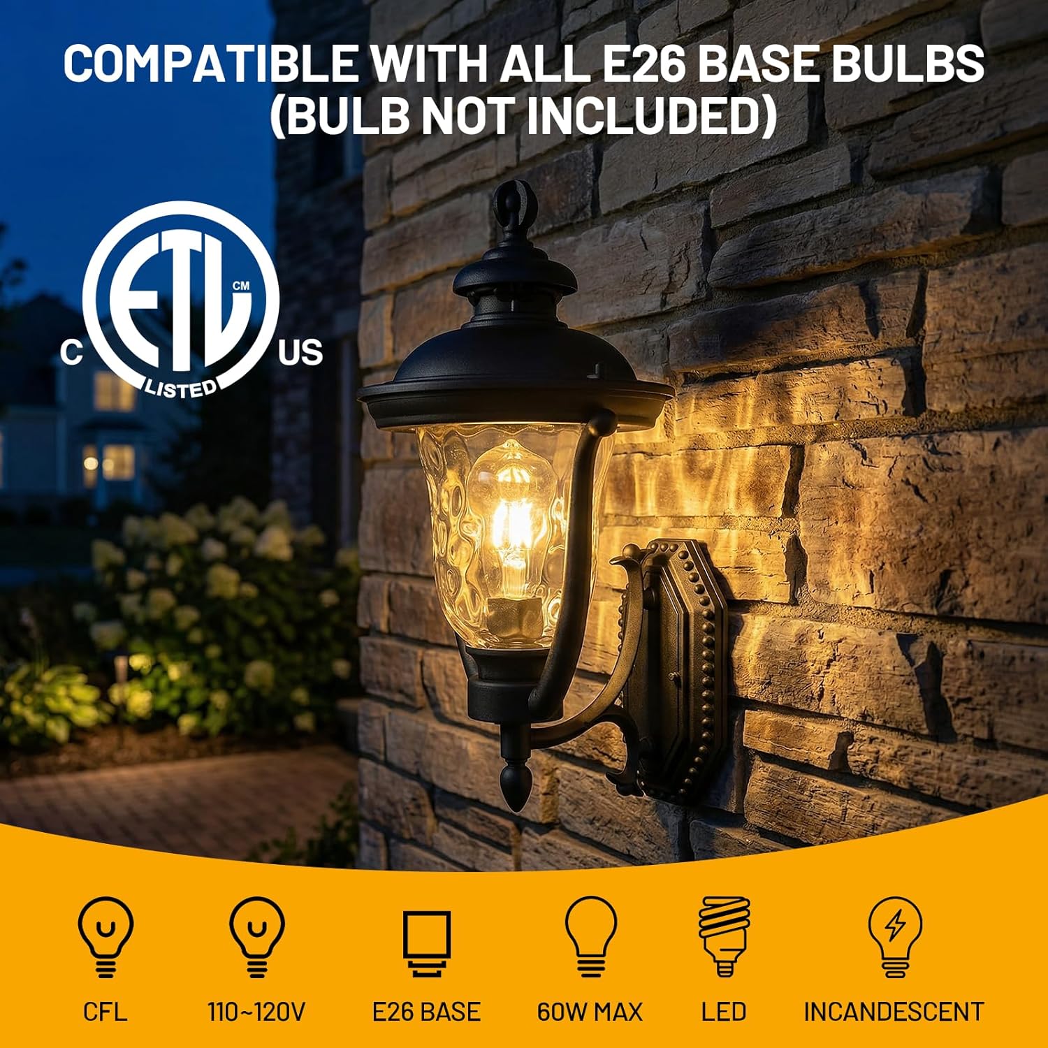 Wall Mounted Outdoor Light Fixtures,Water Ripple Glass Outdoor Lights,18.7Inch Exterior Light Fixtures Wall Mount,Vintage Style Waterproof Black Porch Light Outside Lights For House,Front Porch