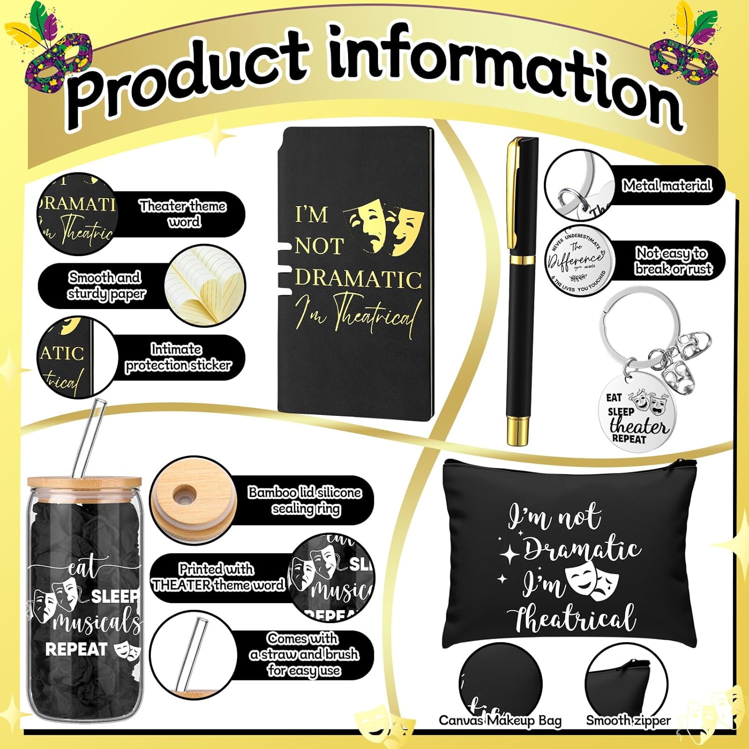 CHENGU 5 Pcs Theatre Gift for Women Men Christmas Broadway Gifts Musical Theater Lover Gift for Theater Actor Teacher Include 16 oz Glass Cup Leather Notebook Ballpoint Pen Keychain Make Bag(Black) - Image 3