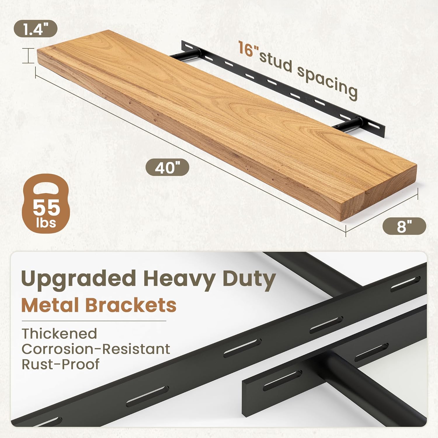 Fun Memories Solid Elm Wood Floating Shelves Set of 1-40 Inch Rustic Wall Shelves with Heavy-Duty Invisible Brackets - for Living Room, Kitchen, Bedroom, Bathroom - Natural Finish